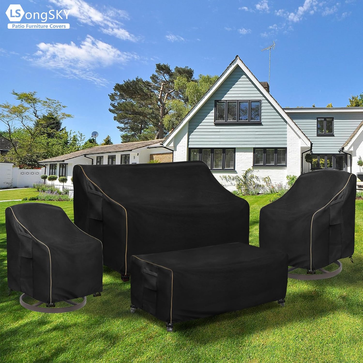 Detalle 2 de LSongSKY Black-4 Piece Set X-Large Patio Furniture Covers, 600D Oxford