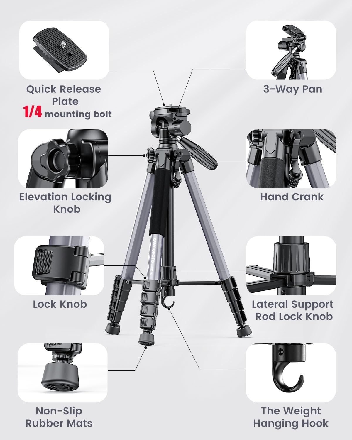 Thumbnail 5 de CAMBOFOTO 74″ Aluminum Camera Tripod with 360° Pan Head & Phone Mount