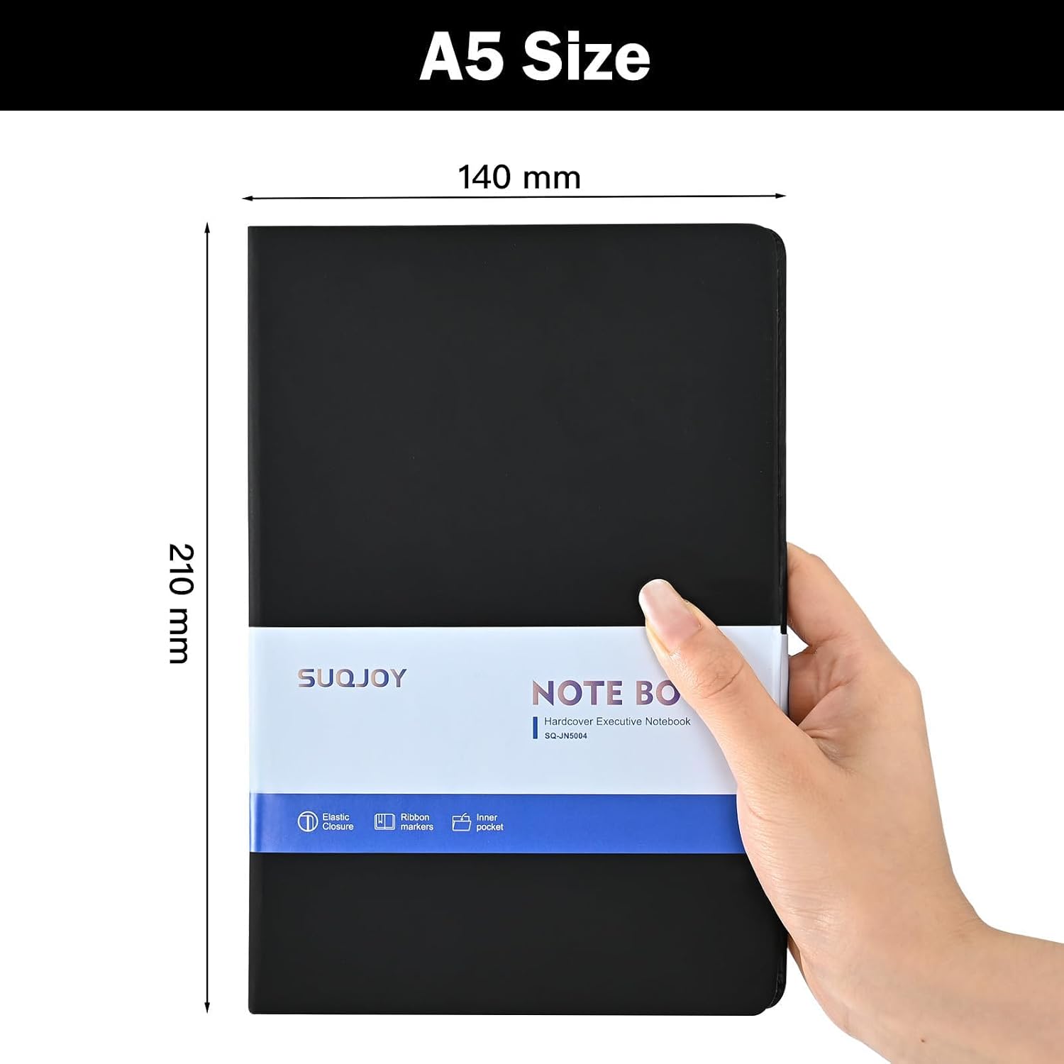 Detalle de SUQJOY 4 Pack A5 Lined Hardback Notebook Set (100gsm, 160 pages each) – Black