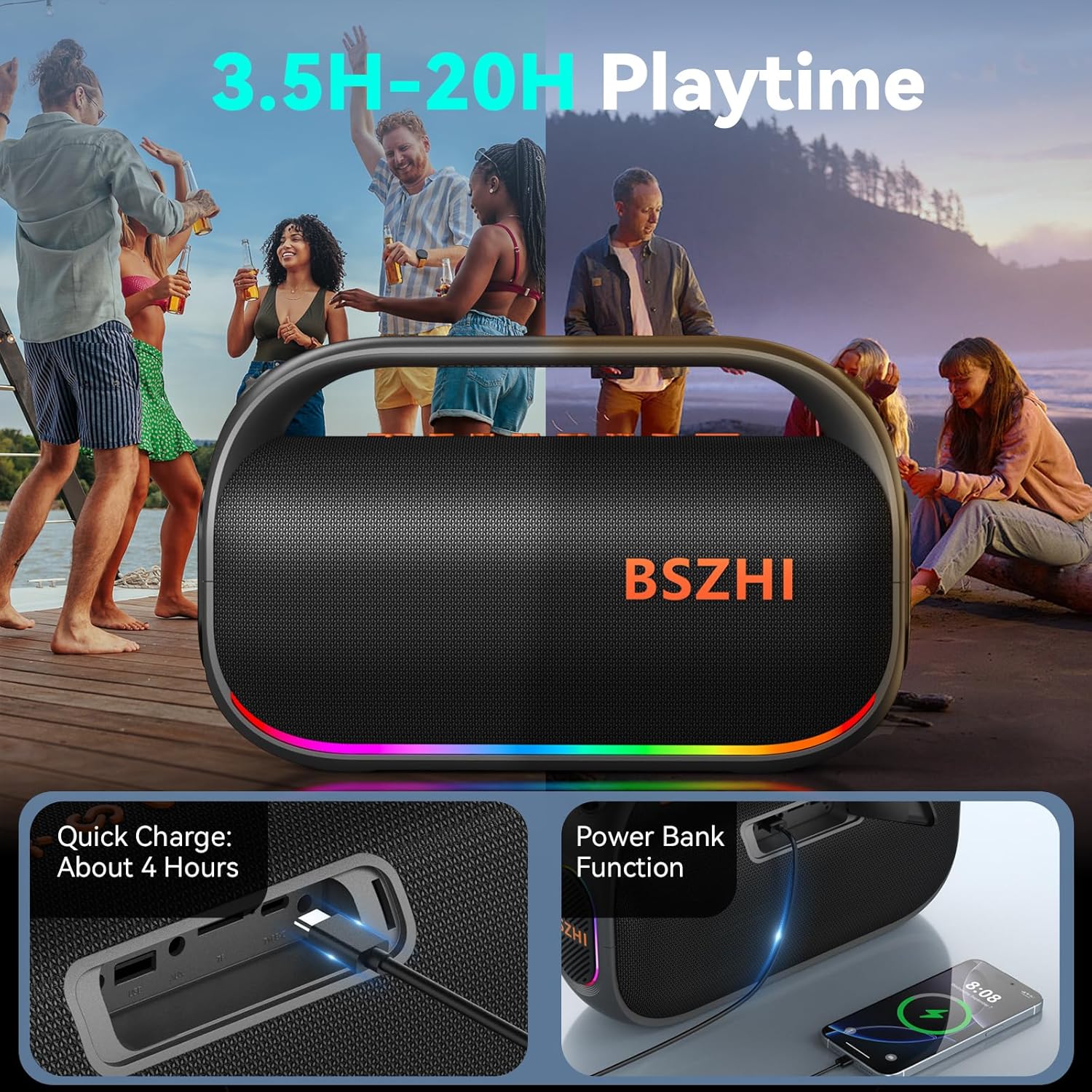 Detalle de A62 Portable Bluetooth Speaker: 120W Peak, IPX6, Dual 4-Inch Drivers with TWS and LED Lights