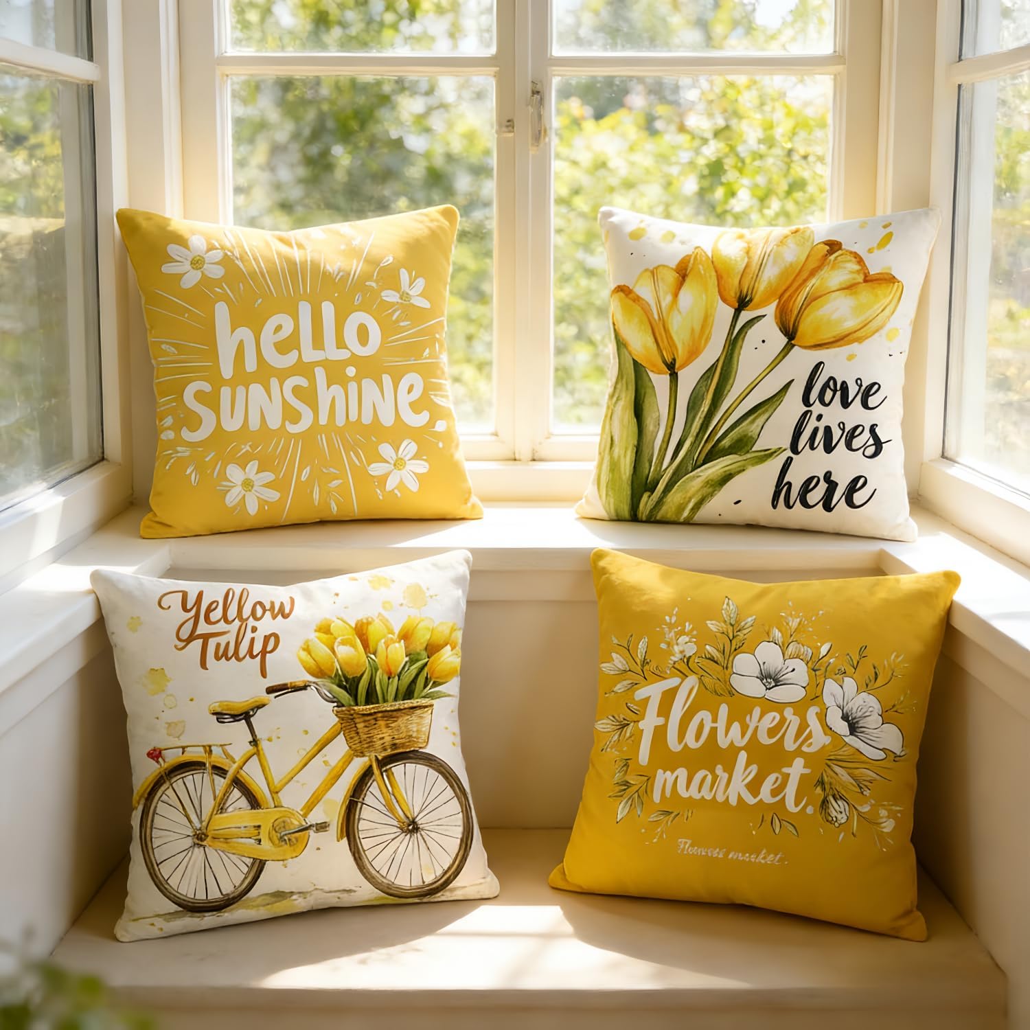 Detalle de PVOODIRE Gelbe Kissenbezüge 40x40 cm – 4er Set aus Leinen mit Blumenmuster