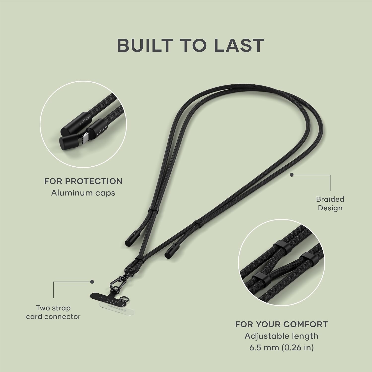 Detalle de Satechi OntheGo USB-C Lanyard Cable (60W fast charging, 480Mbps data) with crossbody strap – Black