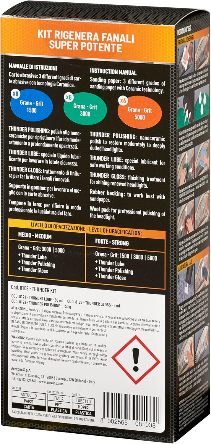 Detalle de Arexons Car Care Pro THUNDER - Kit Ultra Lucidante per Fari: lucidatura professionale con ceramica