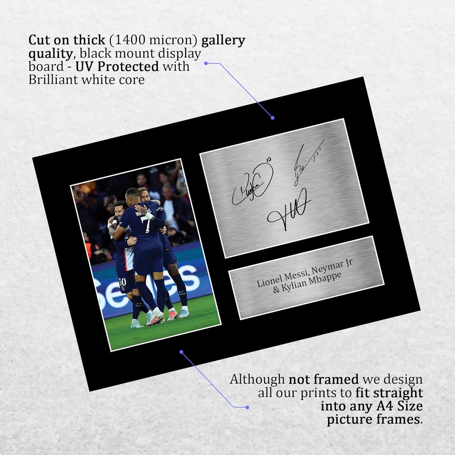 Thumbnail 2 de Lionel Messi, Neymar Jr & Kylian Mbappé Paris Blue and Reds A4 signed autograph picture (HWC Trading)