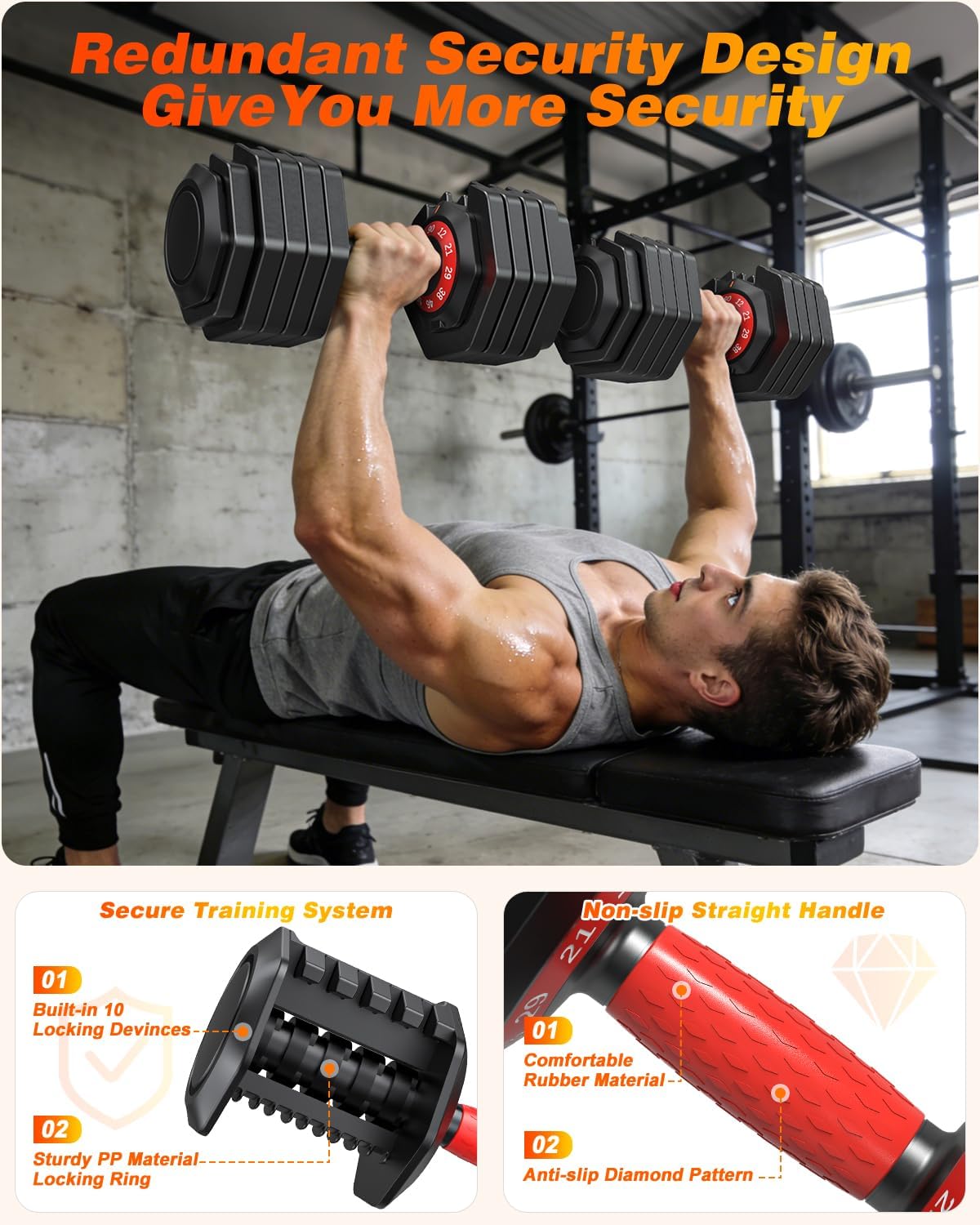 Detalle de XDDIAS Adjustable Dumbbell Set, 90 lb Pair with One-Hand Selector and Tray