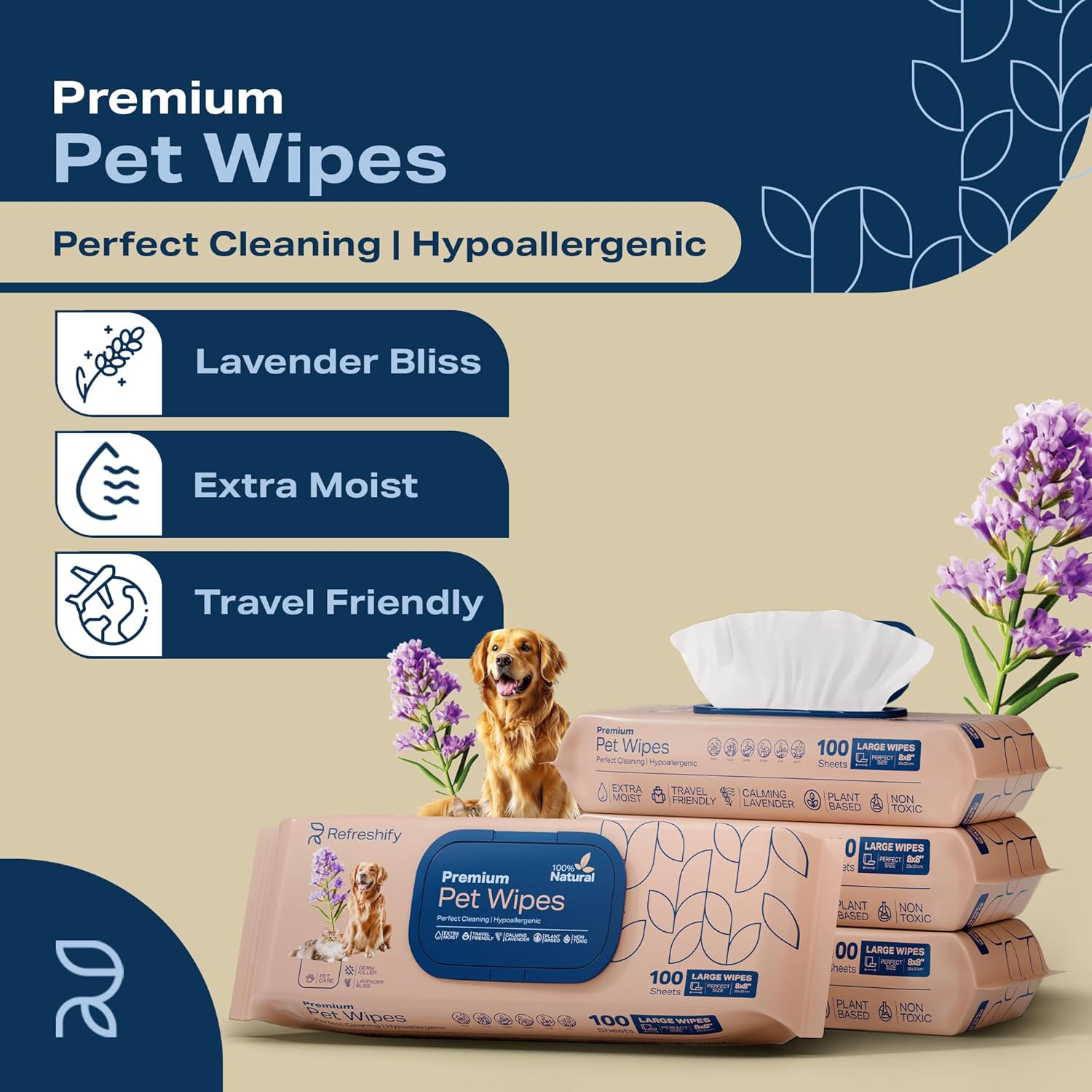 Detalle 2 de REFRESHIFY Dog Wipes for Paws and Butt – Plant-Based Lavender Scented (Pack of 400) plus 12 Travel Wipes