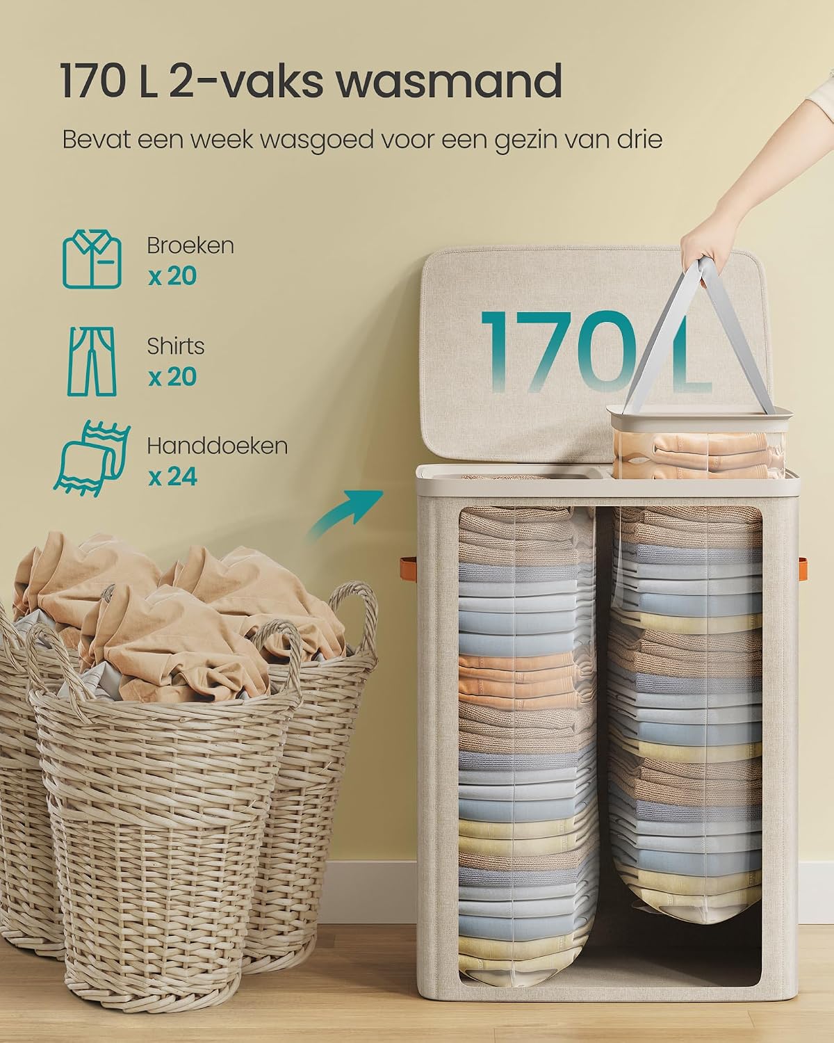 Detalle 2 de SONGMICS BROSI LCB813L01 wasmand, 170 liter, 2 vakken, cappuccinobeige