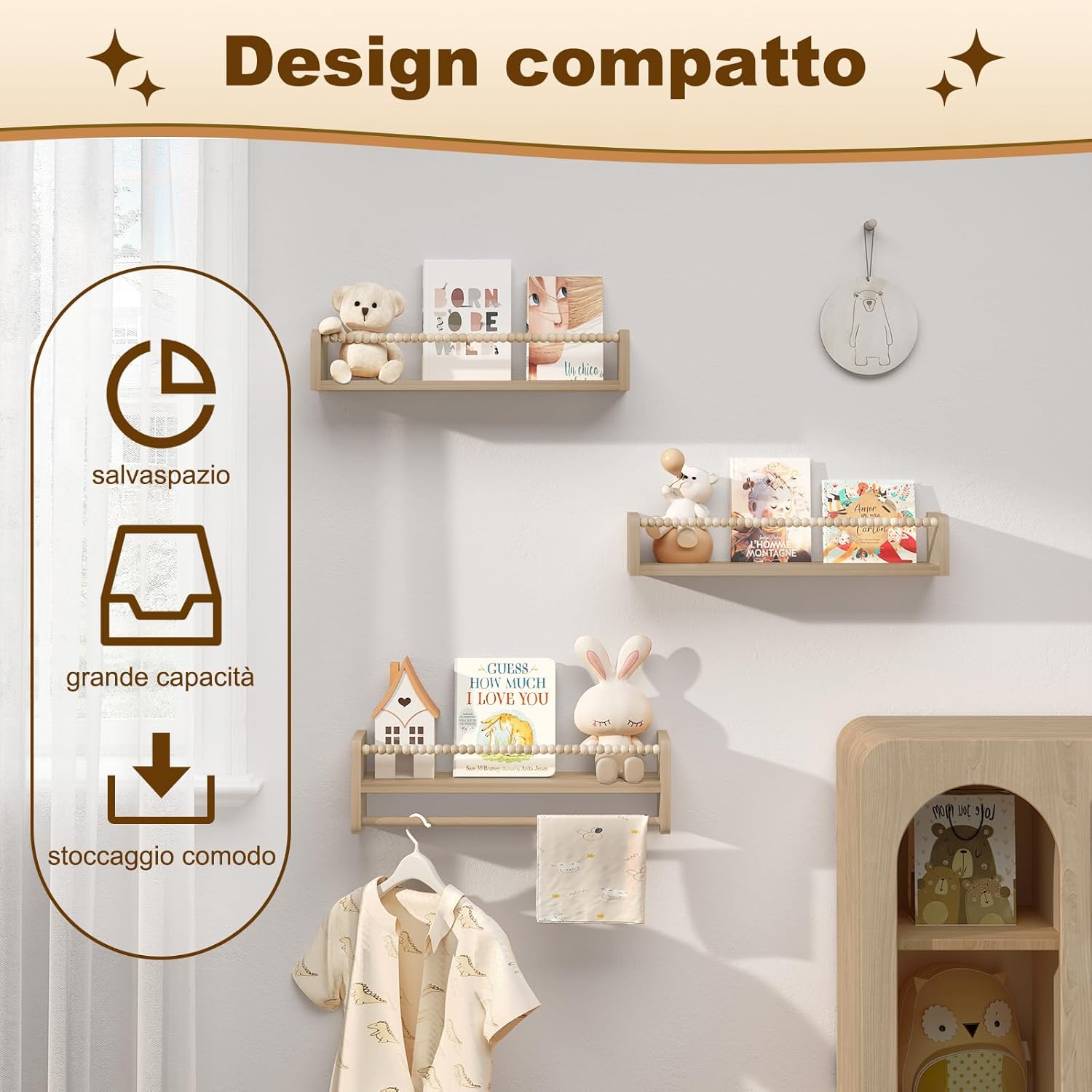 Thumbnail 5 de WOLTU set di 3 librerie da parete per bambini in legno massello, 50 cm