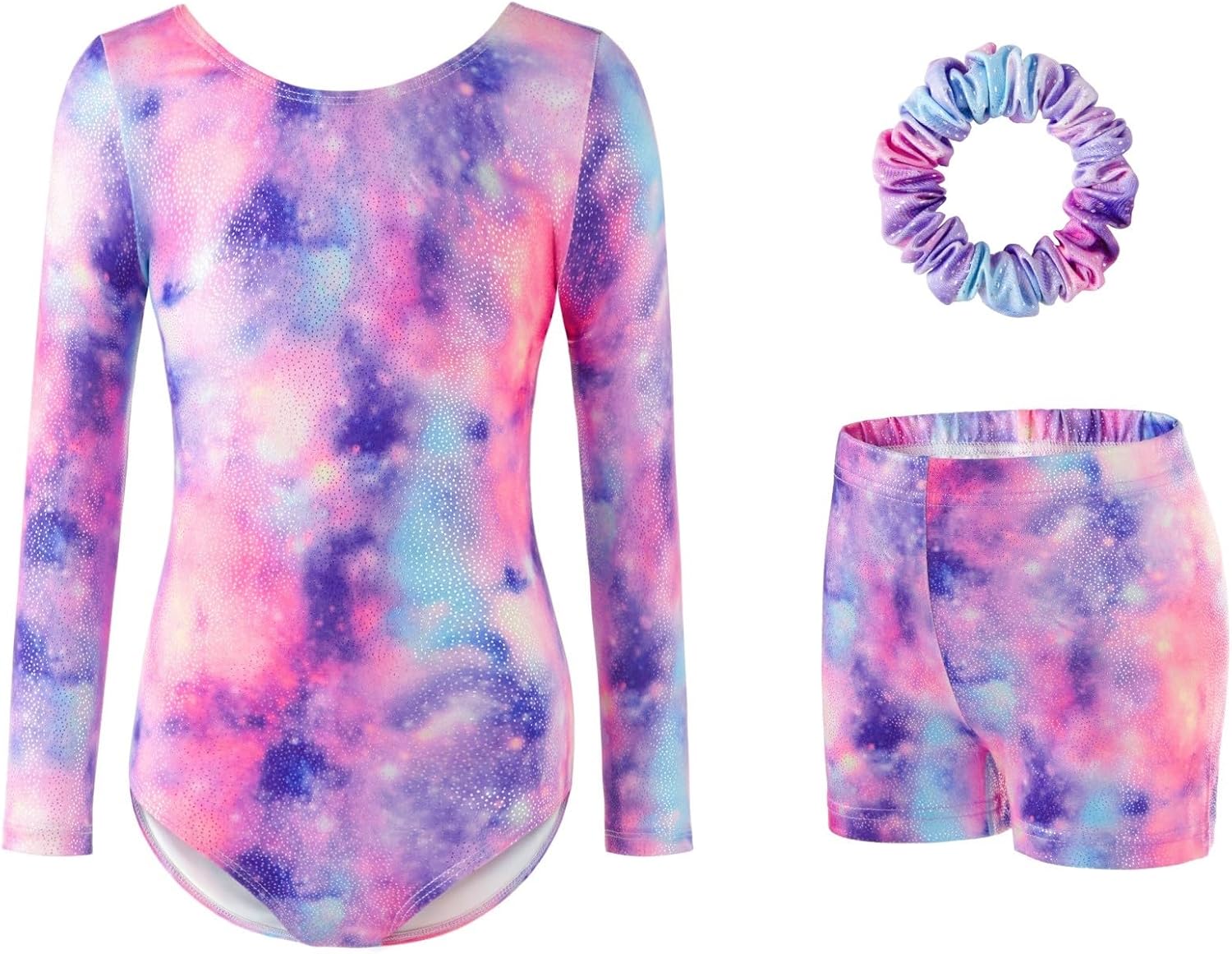 Detalle de Girls’ Three-Piece Gymnastics Leotard Set with Sparkling Gradient Design