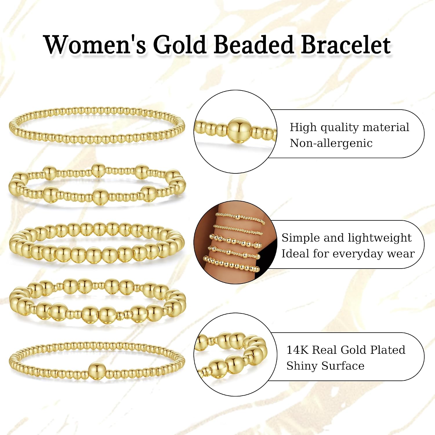 Detalle de Sahoottie 5 Pcs Gold Beaded Bracelets for Women – Gold Plated, Stretch, Stackable
