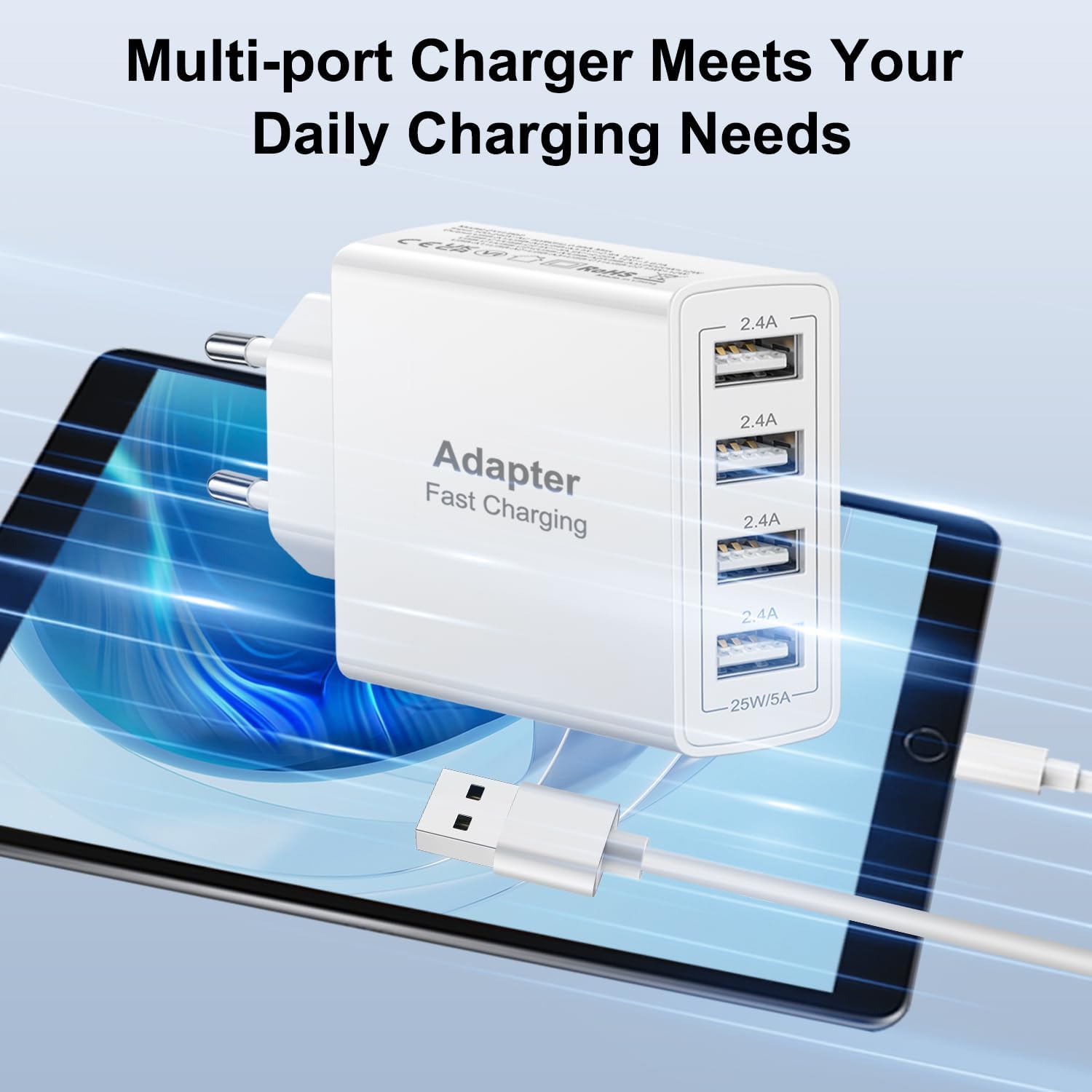 Thumbnail 5 de Lot de 2 chargeurs USB muraux à 4 ports (25 W, 4x USB) – Chargeur rapide compatible Samsung, iPhone, iPad et Xiaomi