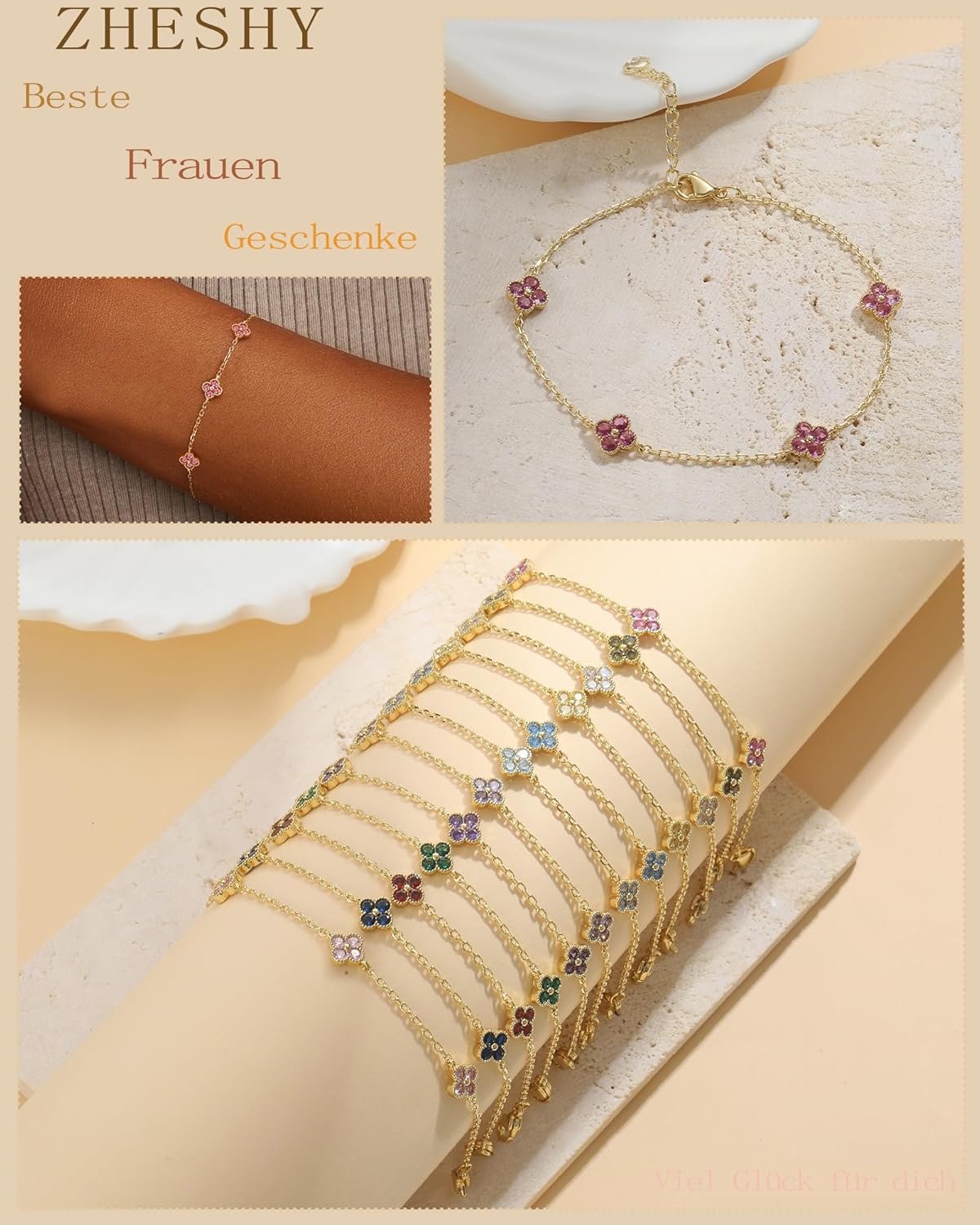 Thumbnail 3 de Bracelet femme ZHESHY or — trèfle à 4 feuilles et pierre de naissance (zircon cubique), réglable