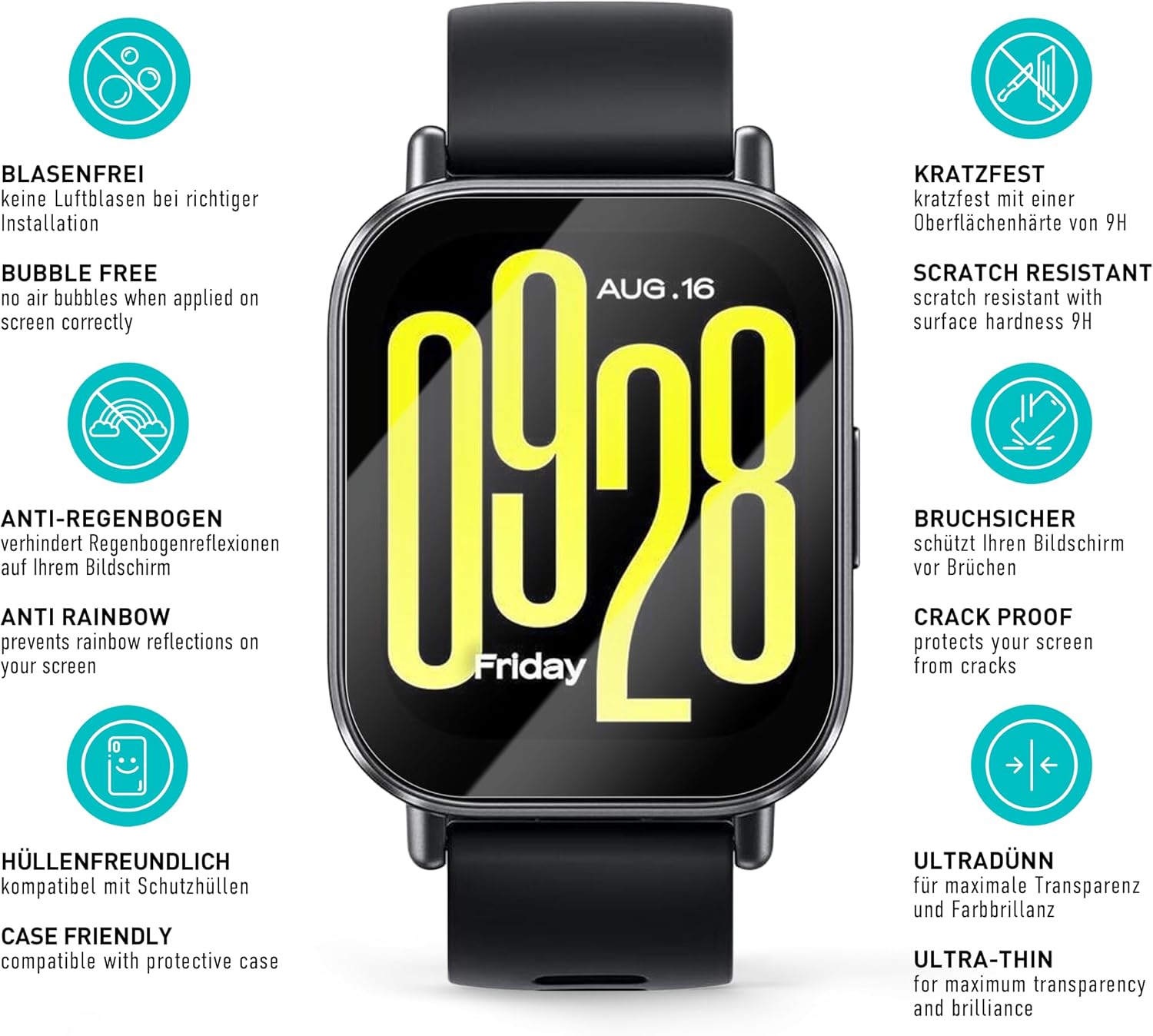 Detalle de SmarTect Tempered Glass for Xiaomi Redmi Watch 5 Active, 3-Pack, 9H