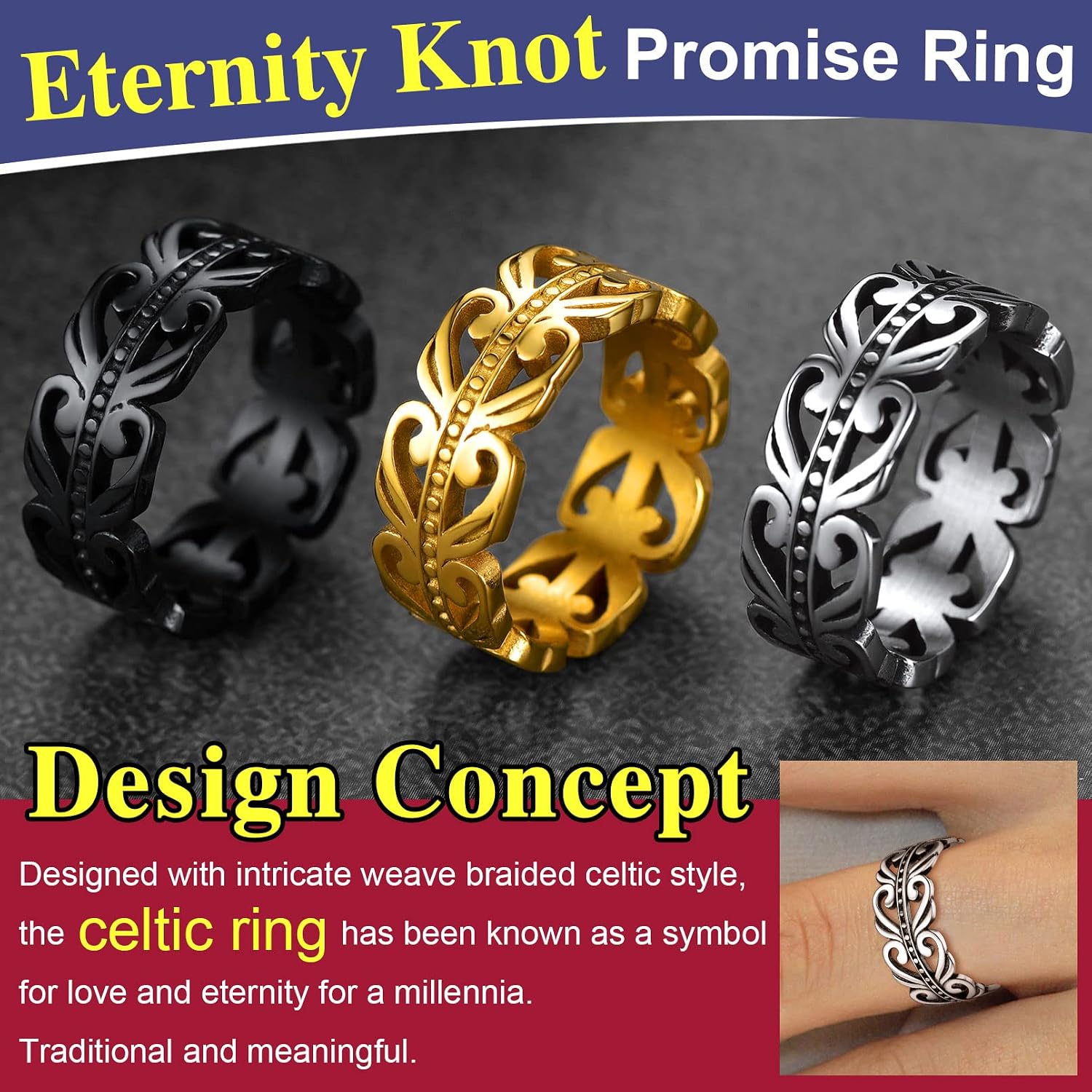 Thumbnail 4 de FaithHeart Bague Celtique Acier 54–72