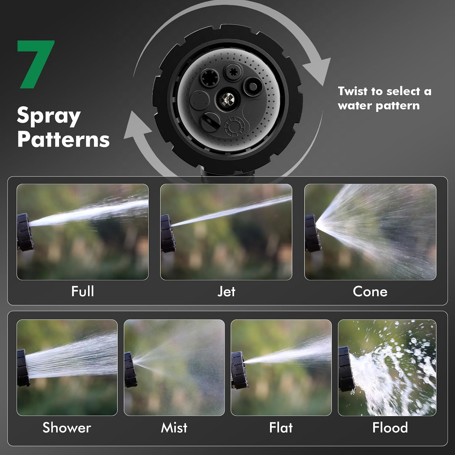 Detalle 2 de RESTMO O-HN-9 Metal Garden Hose Nozzle, 7 Spray Patterns, Thumb Control
