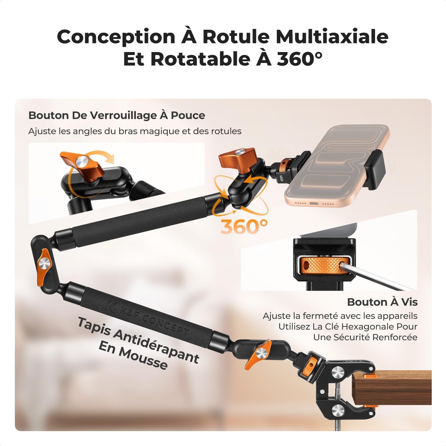 Detalle de K&F CONCEPT Kit Bras Magique 22" avec Pince — bras articulé polyvalent pour téléphone, caméra d'action, LED et micro