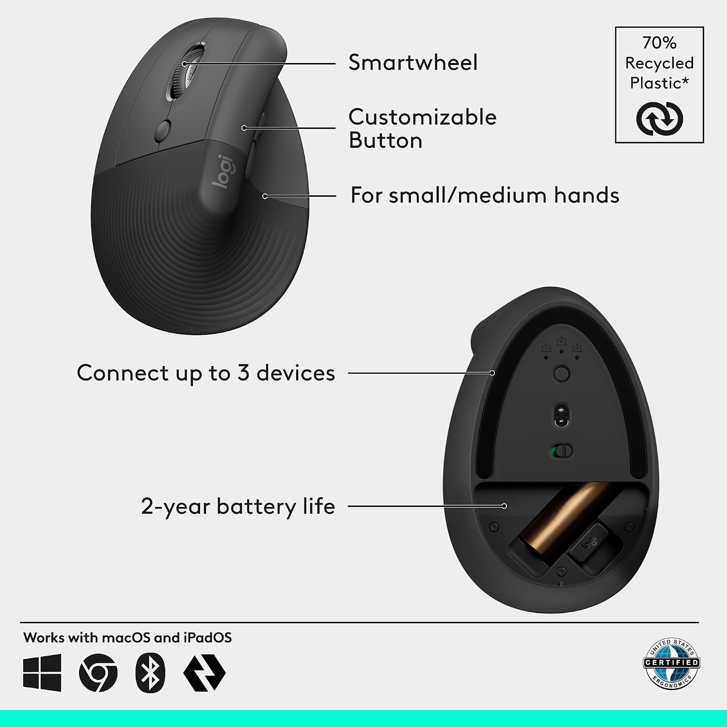 Detalle 2 de Logitech 910-006467 Lift Ergo Left-Handed Vertical Wireless Mouse, Graphite
