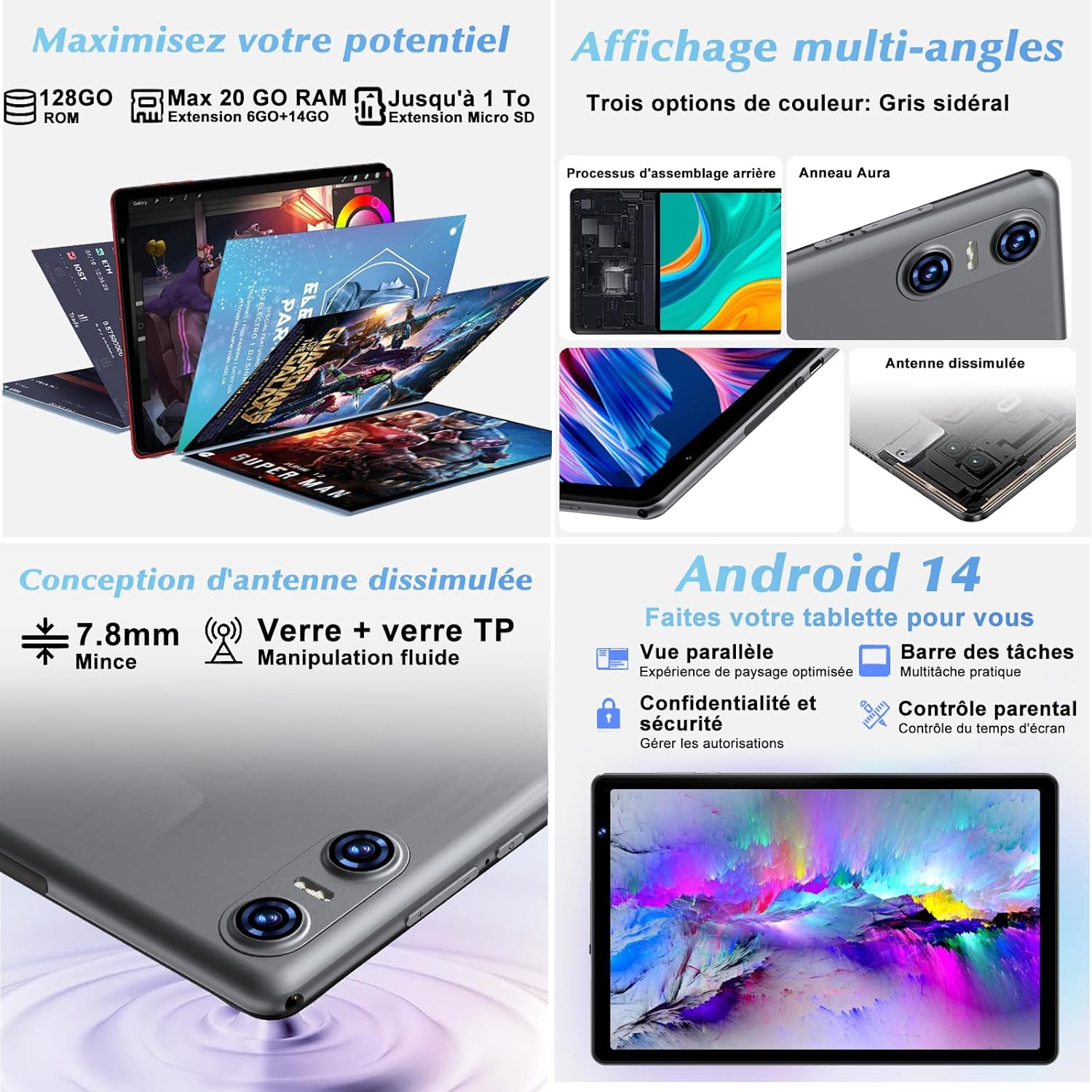 Detalle de Tablette Android 10 pouces K13: 20 Go RAM + 128 Go ROM, extensible jusqu’à 1 To, Wi‑Fi 6, Widevine L1, étui inclus