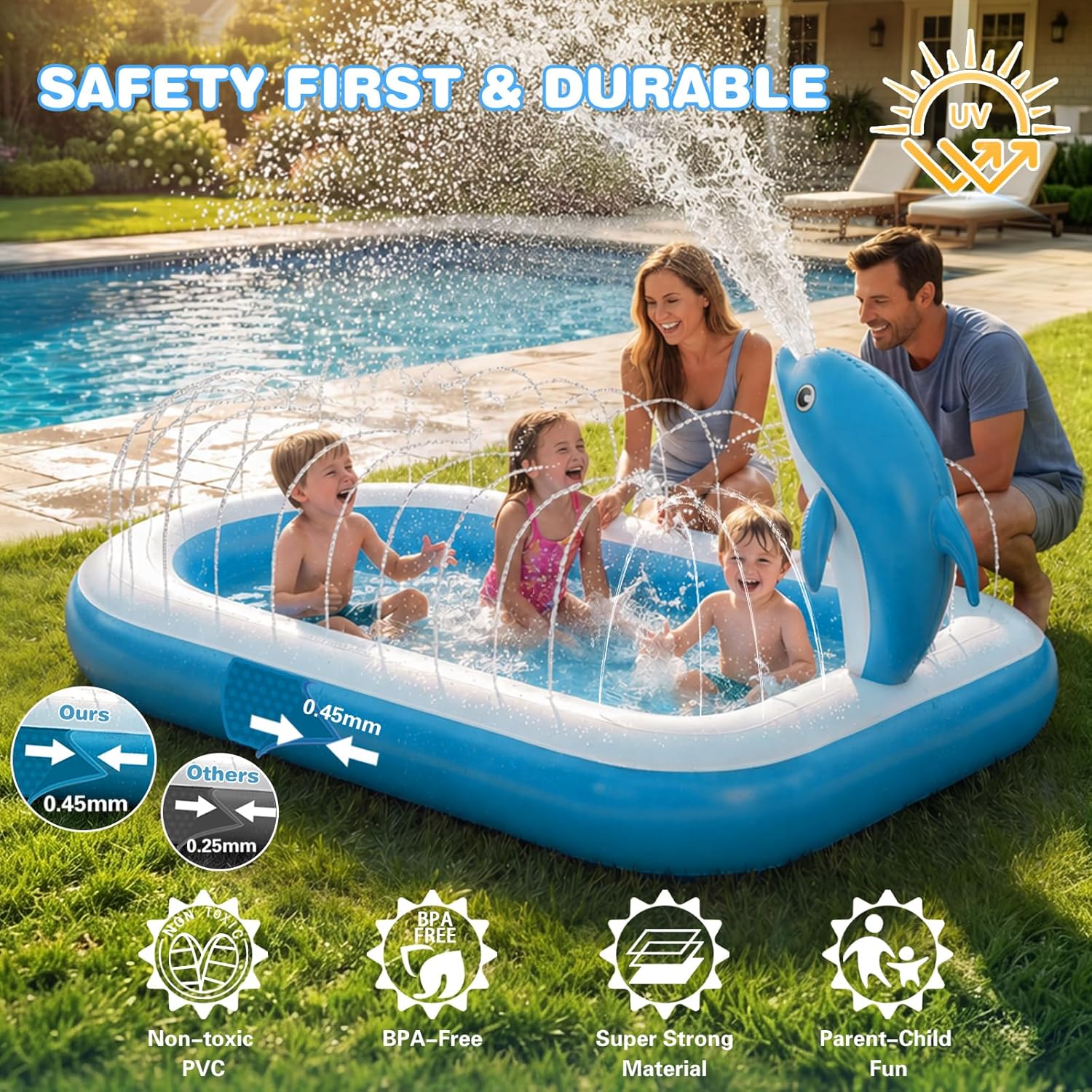 Thumbnail 1 de Splash Pads for Toddlers 1-3 Dolphin Sprinkler: 68" Backyard Inflatable Kiddie Pool