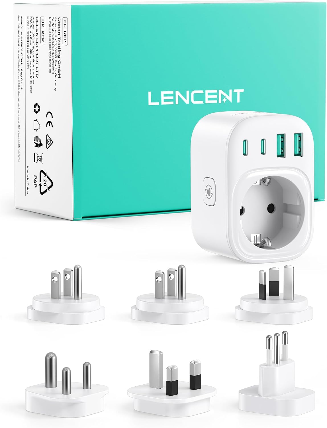 Detalle de LENCENT Reiseadapter Weltweit Set Typ A–I – 6 Steckertypen, USB Schnellladung, kompakt