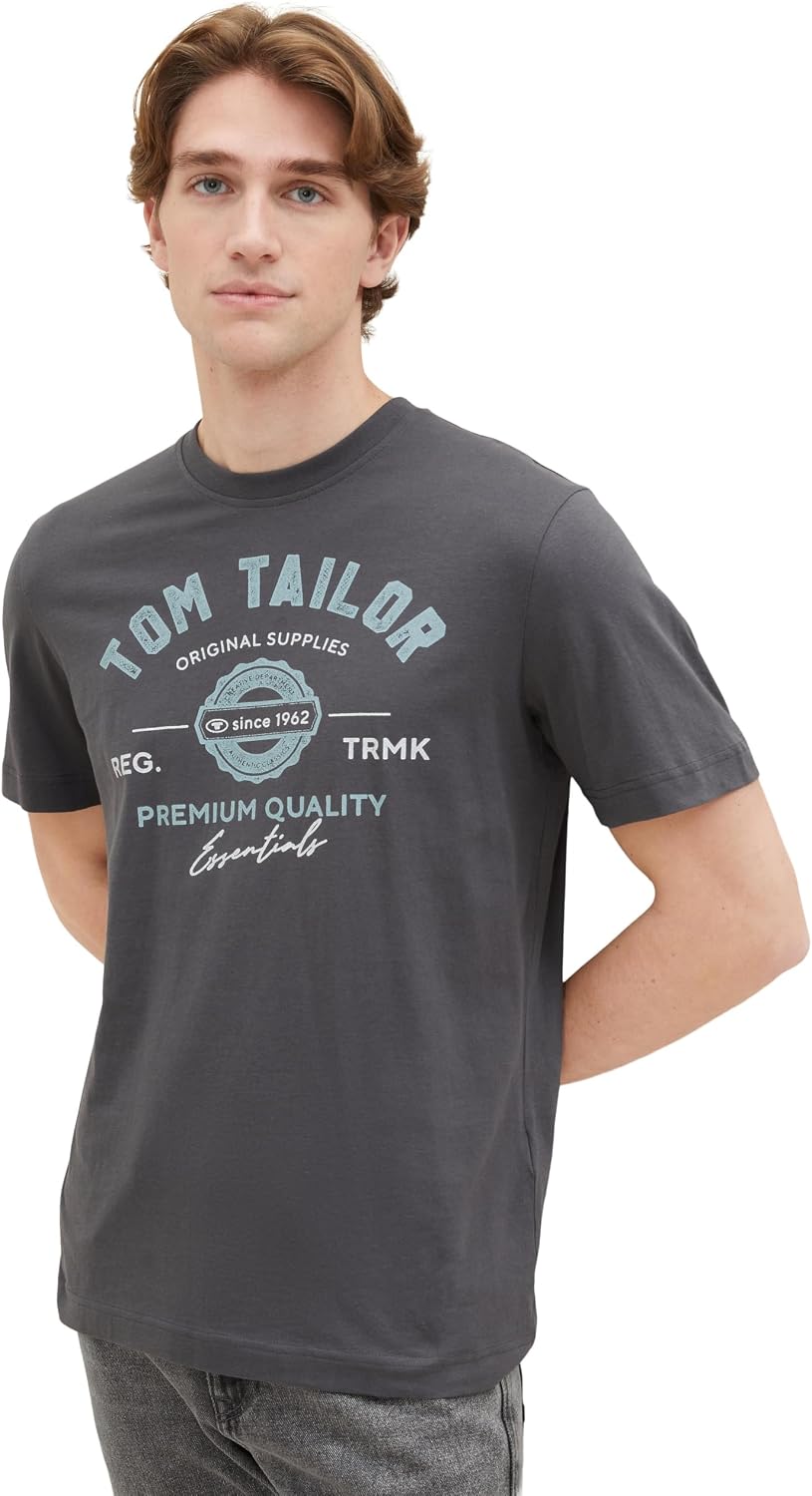 Detalle de TOM TAILOR Herren T-Shirt aus Baumwolle mit großem Logo-Print (Regular Fit)