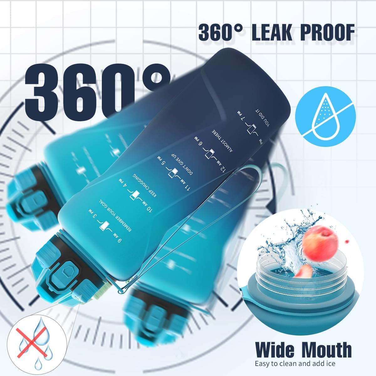 Detalle de Expansea Trinkflasche 1L/500ml/700ml/1500ml – BPA-frei, Tritan, Zeitmarkierung, auslaufsicher
