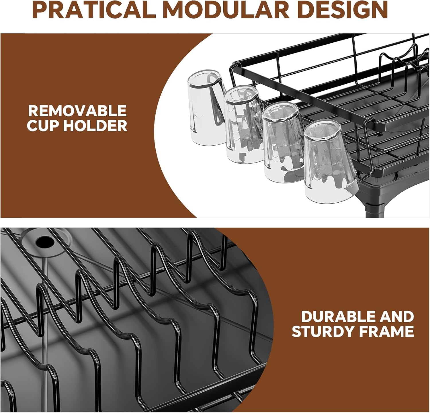 Detalle de Simple Trending Countertop Dish Drainer in Black (Large, 21.5" L) with Utensil Holder and Cup Hooks