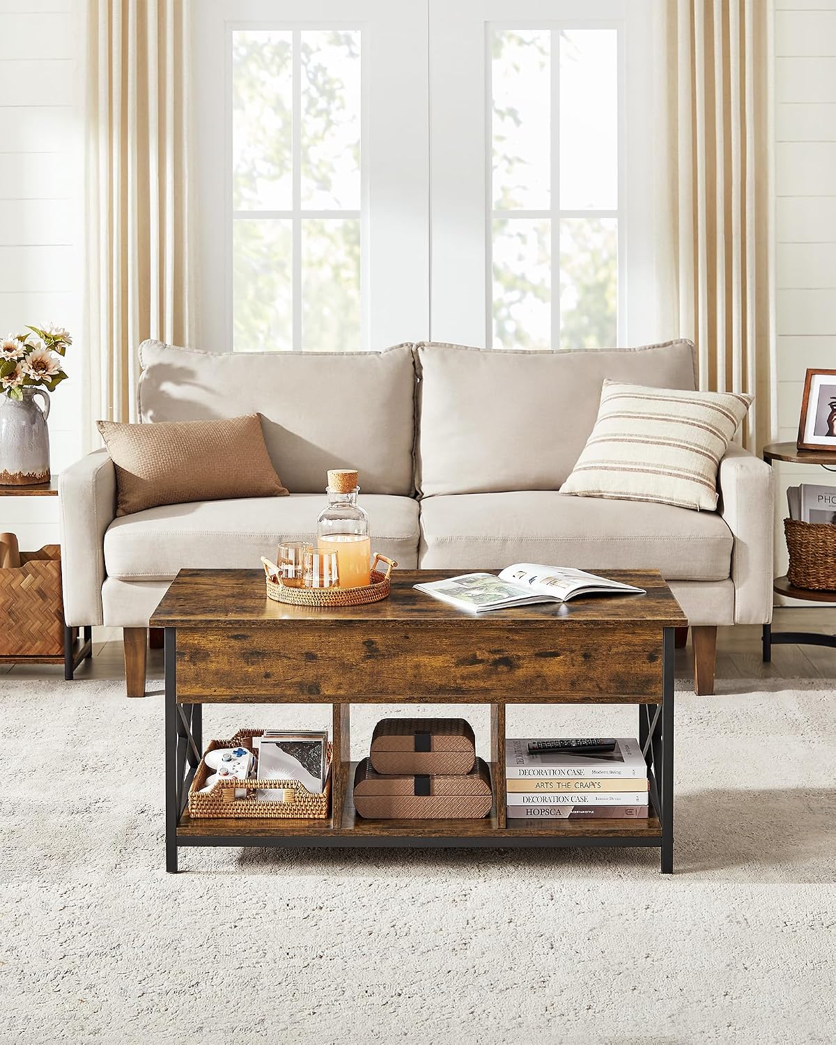 Detalle 2 de VASAGLE LCT202B01 Lift-Top Coffee Table with Steel Frame and Hidden Storage