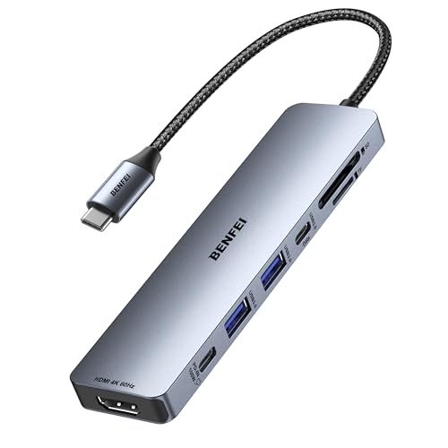 Detalle de BENFEI HUB USB C 7 en 1 con HDMI 4K60Hz, carga 100W y lector SD/TF