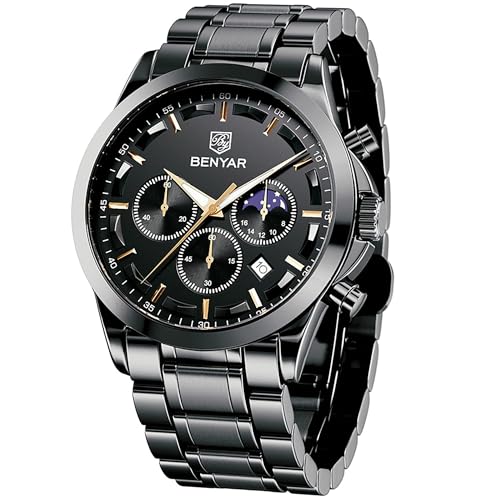 Detalle de BENYAR Montre Homme Chronographe Étanche – Bracelet Cuir, Grand Cadran Bleu Argent-b