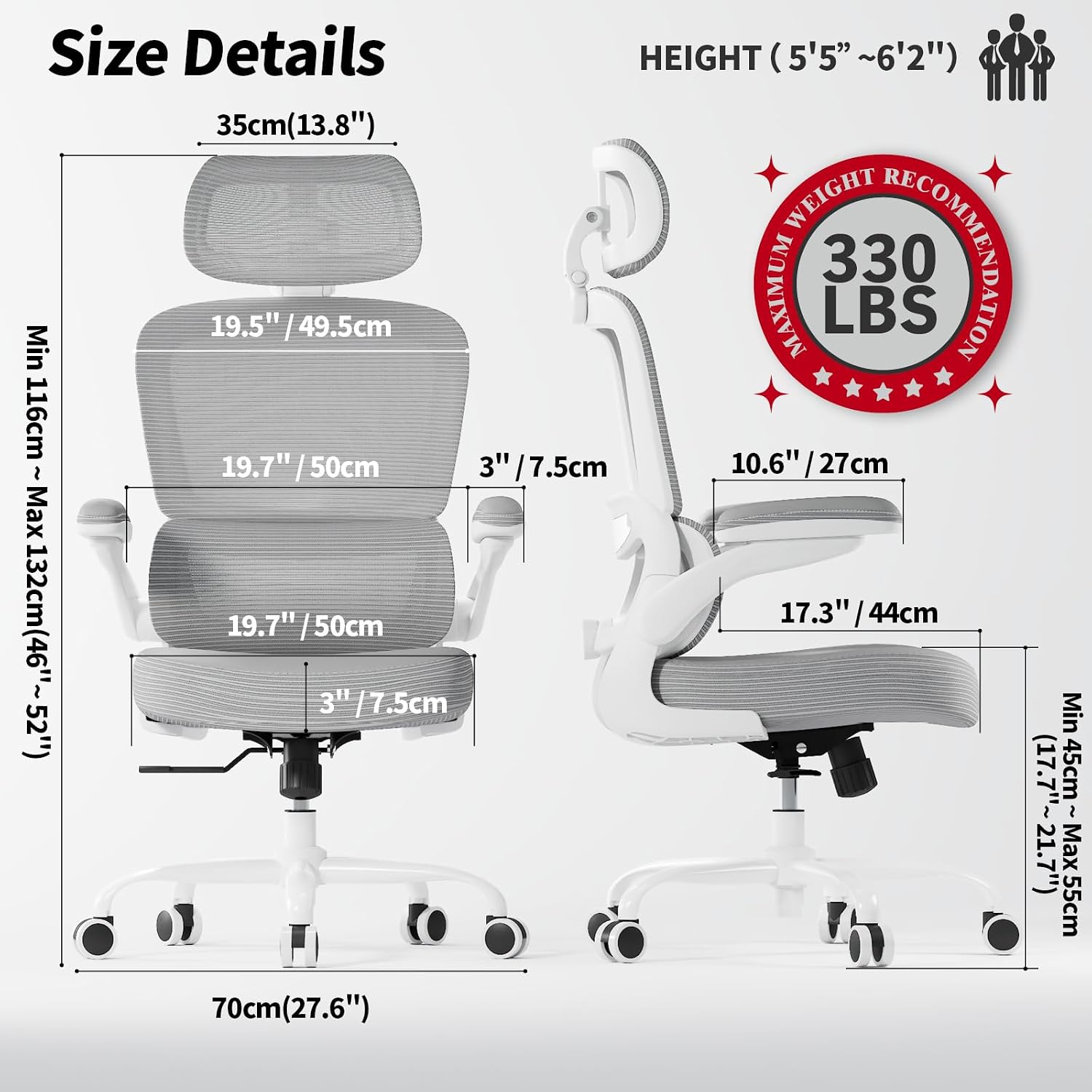 Detalle de TRALT Ergonomic Office Chair, Grey Mesh Back, Leather Seat and Flip-Up Arms