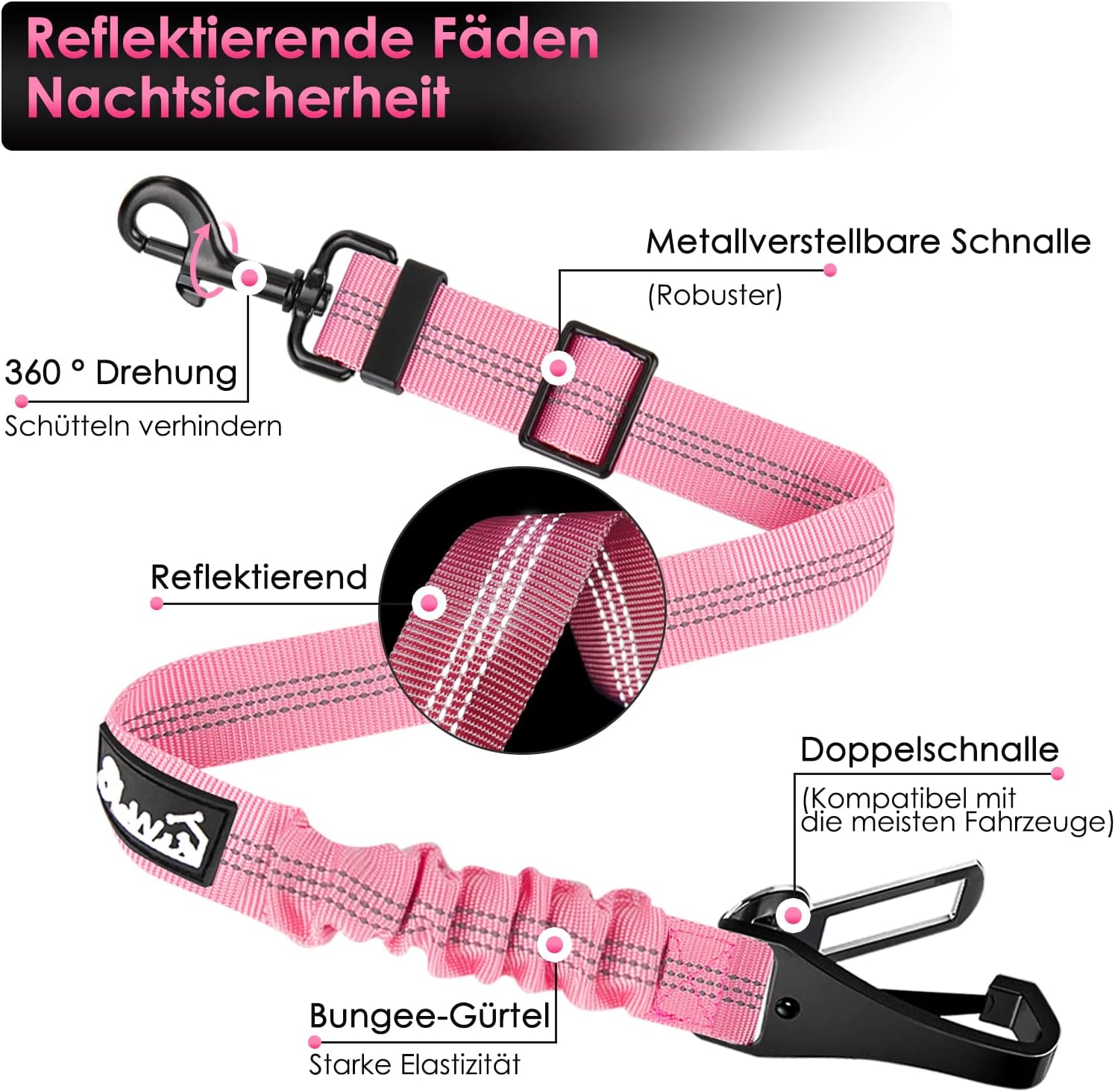 Detalle 2 de Eyein Hunde-Sicherheitsgurt für Auto (3-in-1, reflektierend, 90 cm) – verstellbar mit elastischer Ruckdämpfung, Rosa