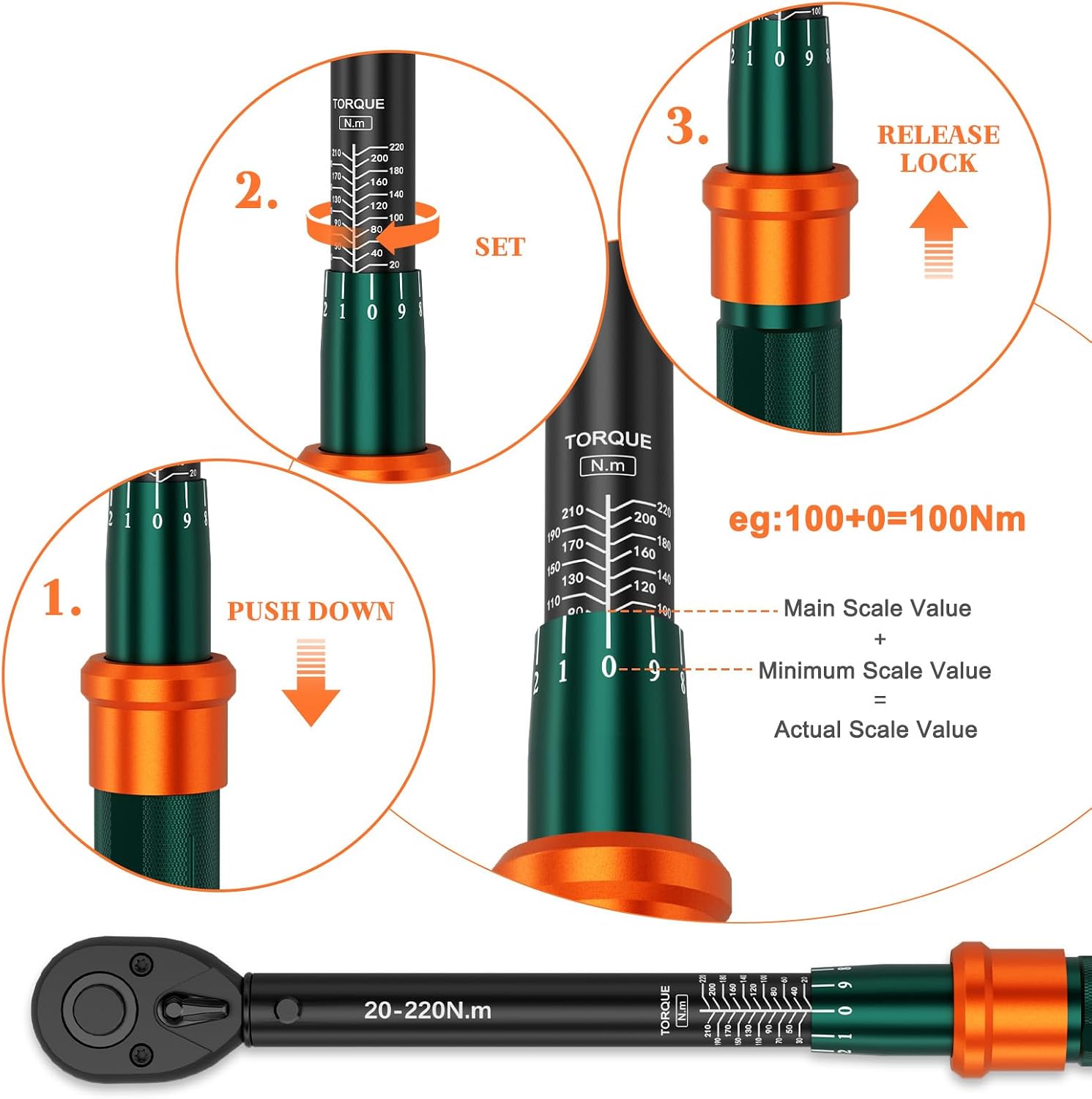 Thumbnail 5 de NADOKHI Drehmomentschlüssel Set 1/4", 3/8" und 1/2" Zoll – 3-tlg. mit 72-Zähne Ratsche, 3–25/5–60/20–220 Nm, ±3% Genauigkeit