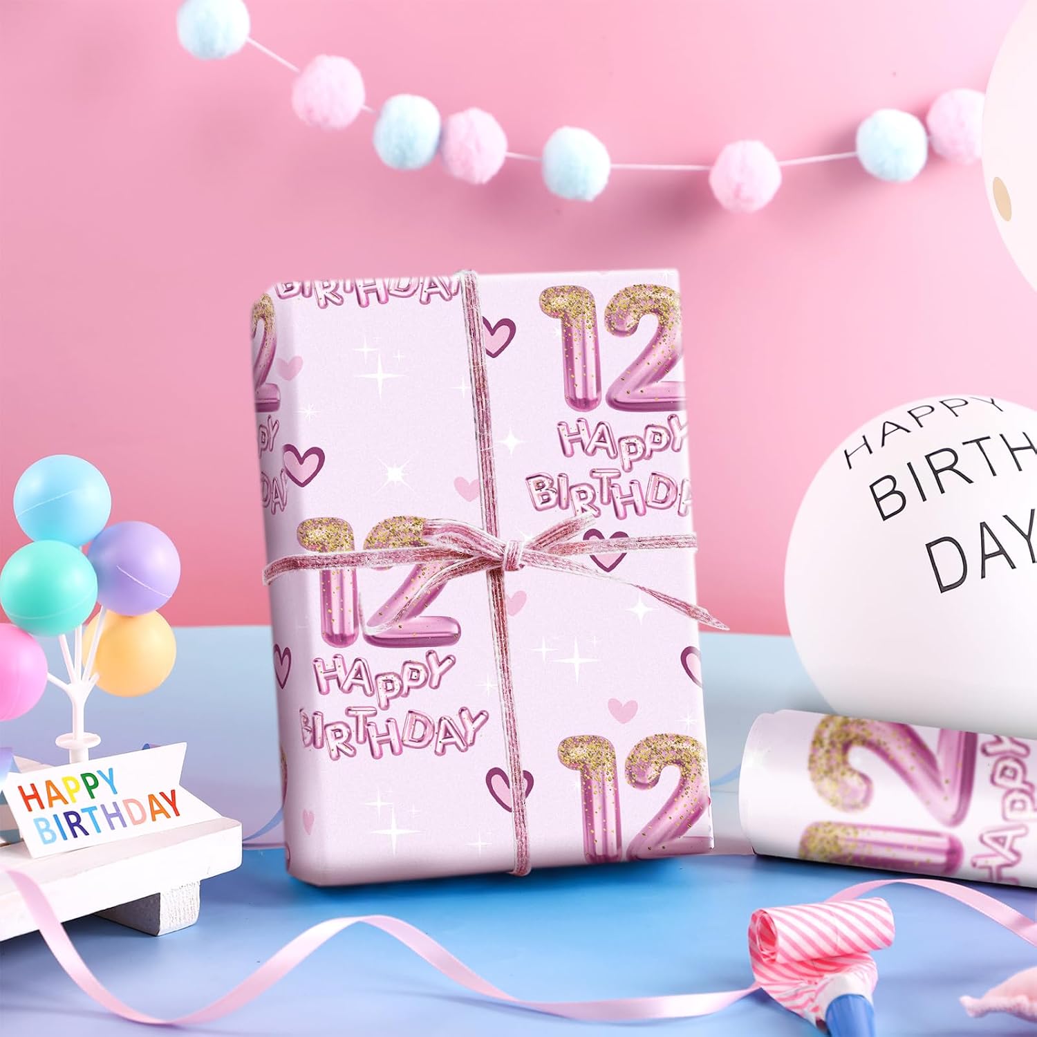 Thumbnail 3 de RUSPEPA 12th Birthday Wrapping Paper for Girls – Hearts and Pink 12 Balloons Happy Birthday Design, Mini Roll 43.2cm x 5m
