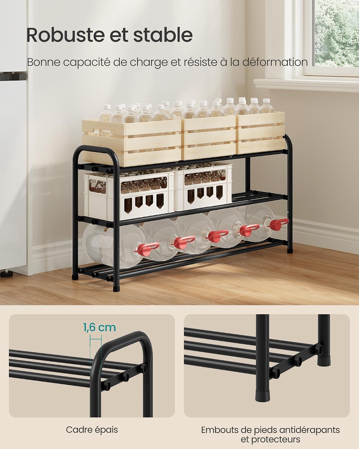 Detalle de SONGMICS Étagère à Chaussures Extensible, 3 Niveaux – Noir d'encre (LMR036BD01)
