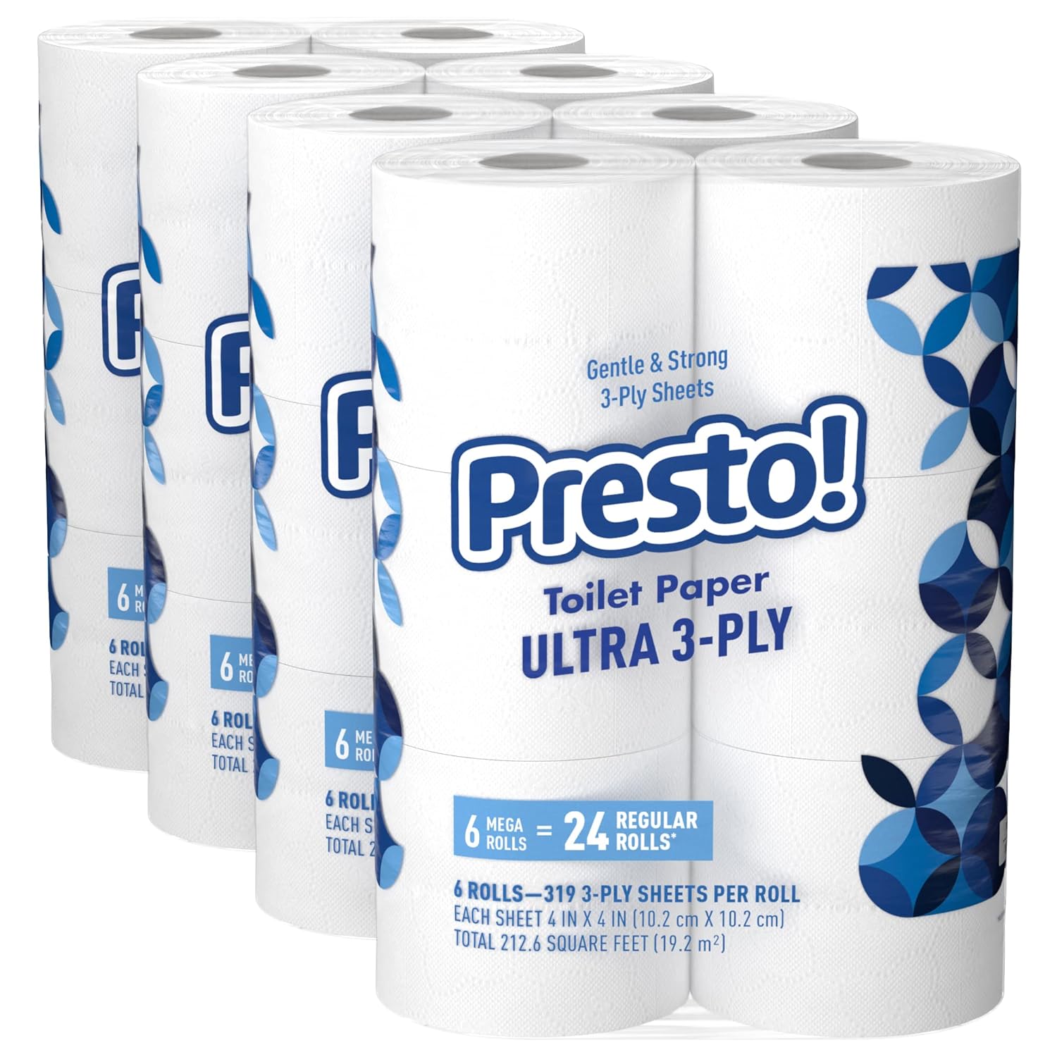 Detalle de Amazon Brand - Presto! FSC Certified 319 Sheet Roll Toilet Paper, Ultra 3-Ply, Unscented (Pack of 4, 24 Mega Rolls)