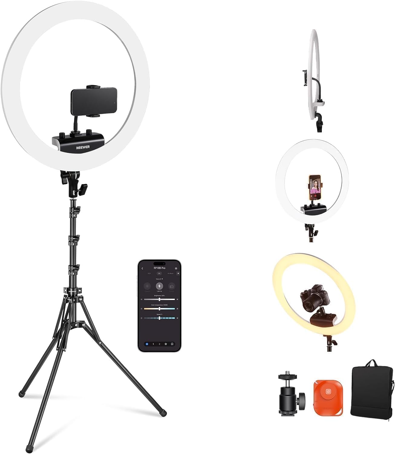 Detalle de NEEWER RP18B Pro 18 inch ring light with tripod stand and phone holder (2900K–7000K, app control)