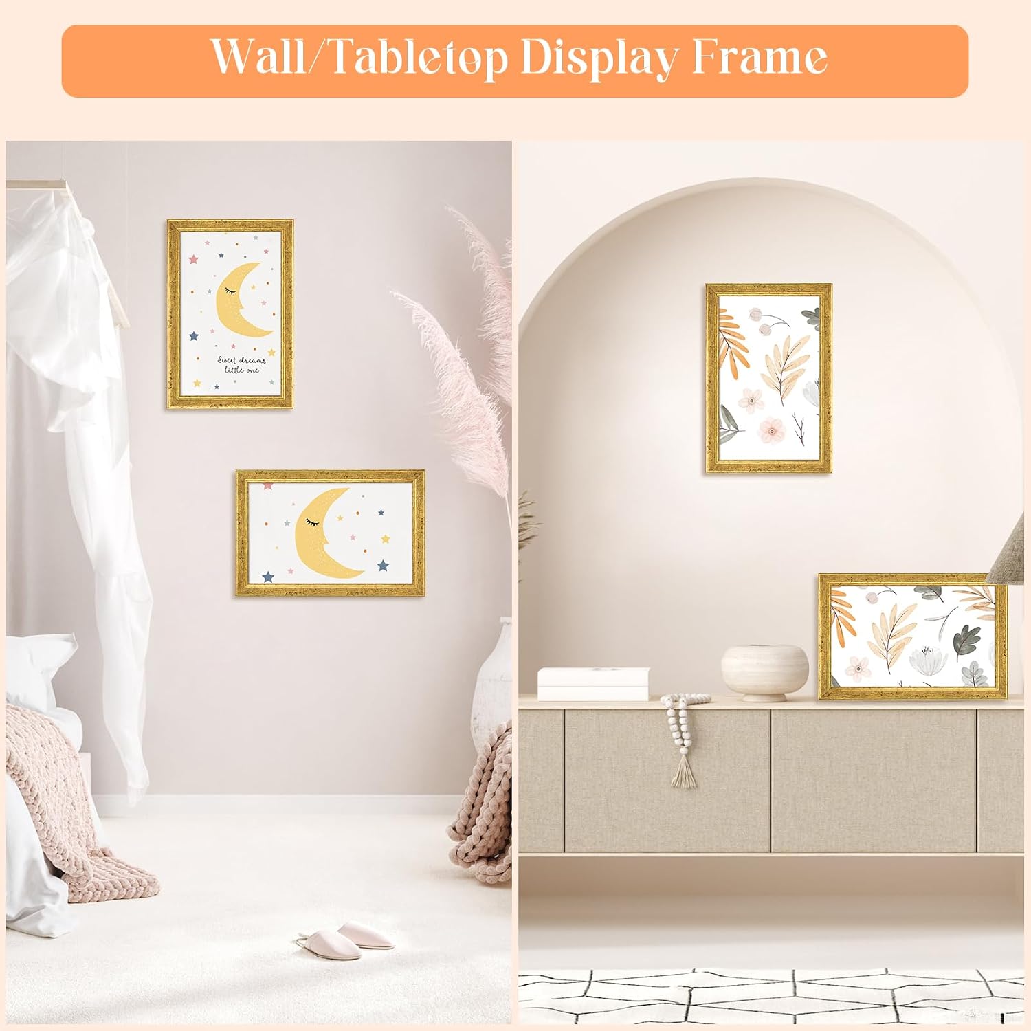 Detalle de MOUDAMION Wood 6x9 Frame Gold — Ornate Natural Wood, 6x9/9x6 Inch Picture Frame