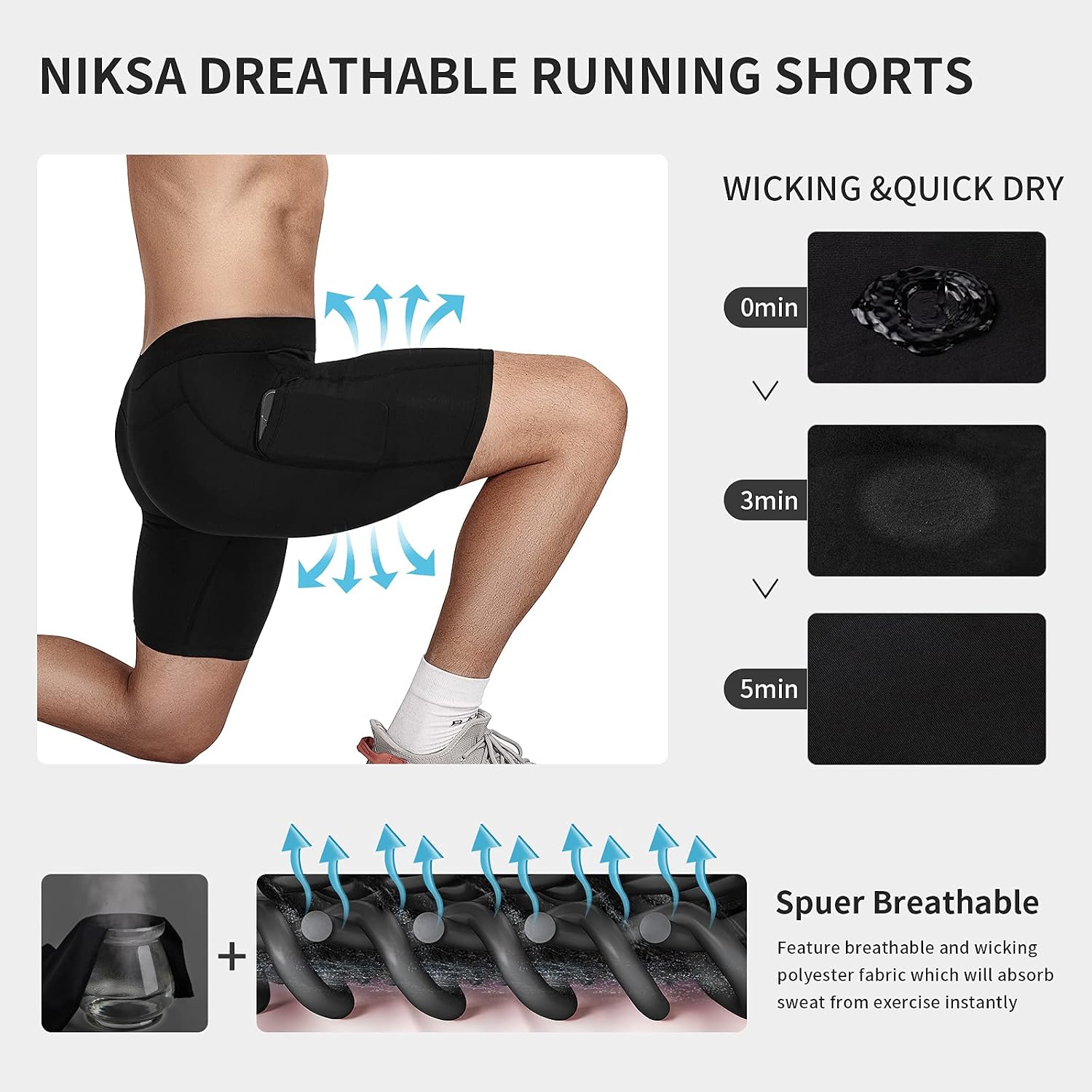 Detalle de Niksa 1- or 3-Pack Men's Compression Shorts: Base Layer Running Shorts with Cell Phone Pockets