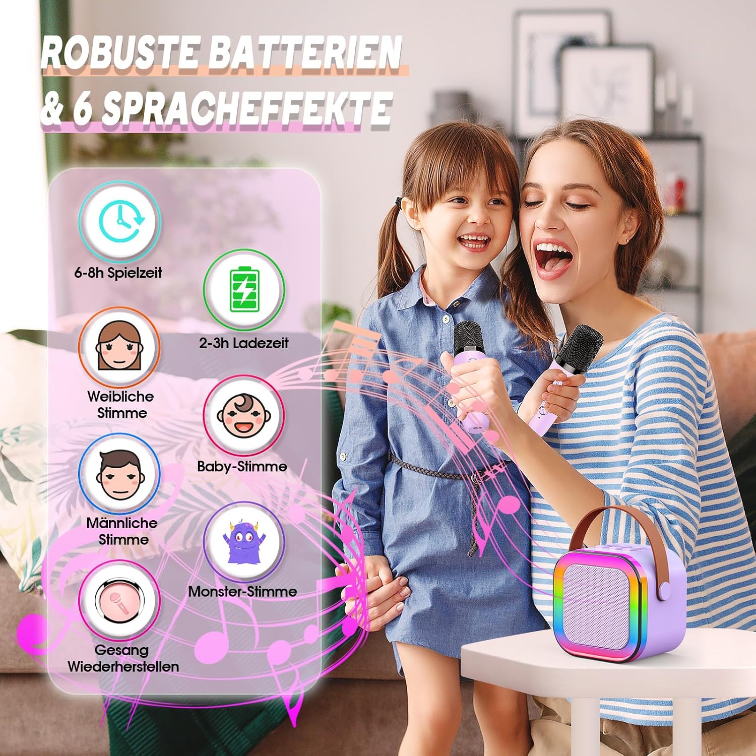Thumbnail 2 de Dislocati Karaoke-Maschine für Kinder mit 2 Mikrofonen – Bluetooth, LED-Lichter und Sprachverwandlung