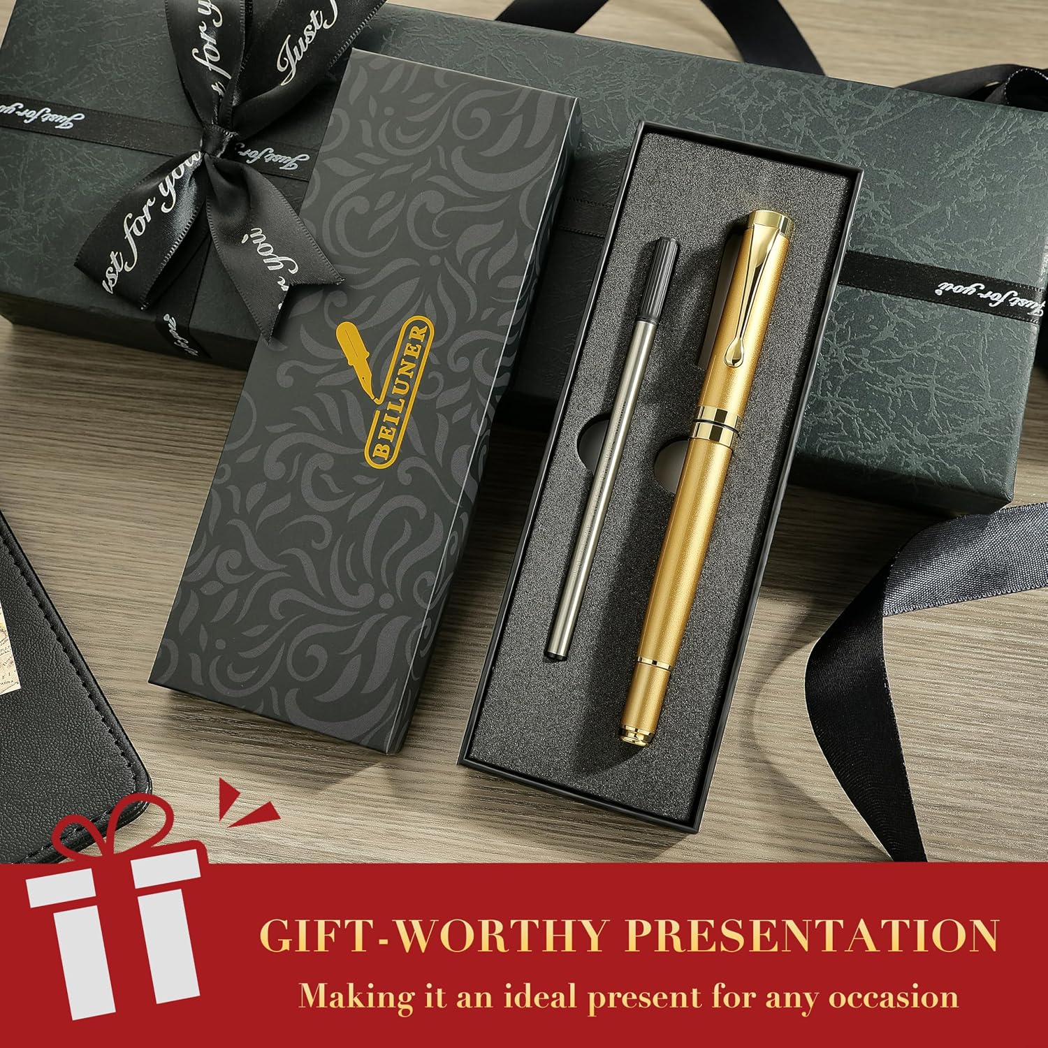 Detalle de BEILUNER Stainless Steel Pen Set with Golden Trim, Black Ink and Gift Box