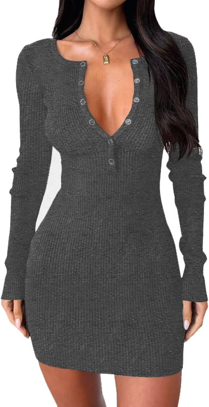 Thumbnail 6 de BONITEE women’s long sleeve sweater dress with deep V-neck and button front