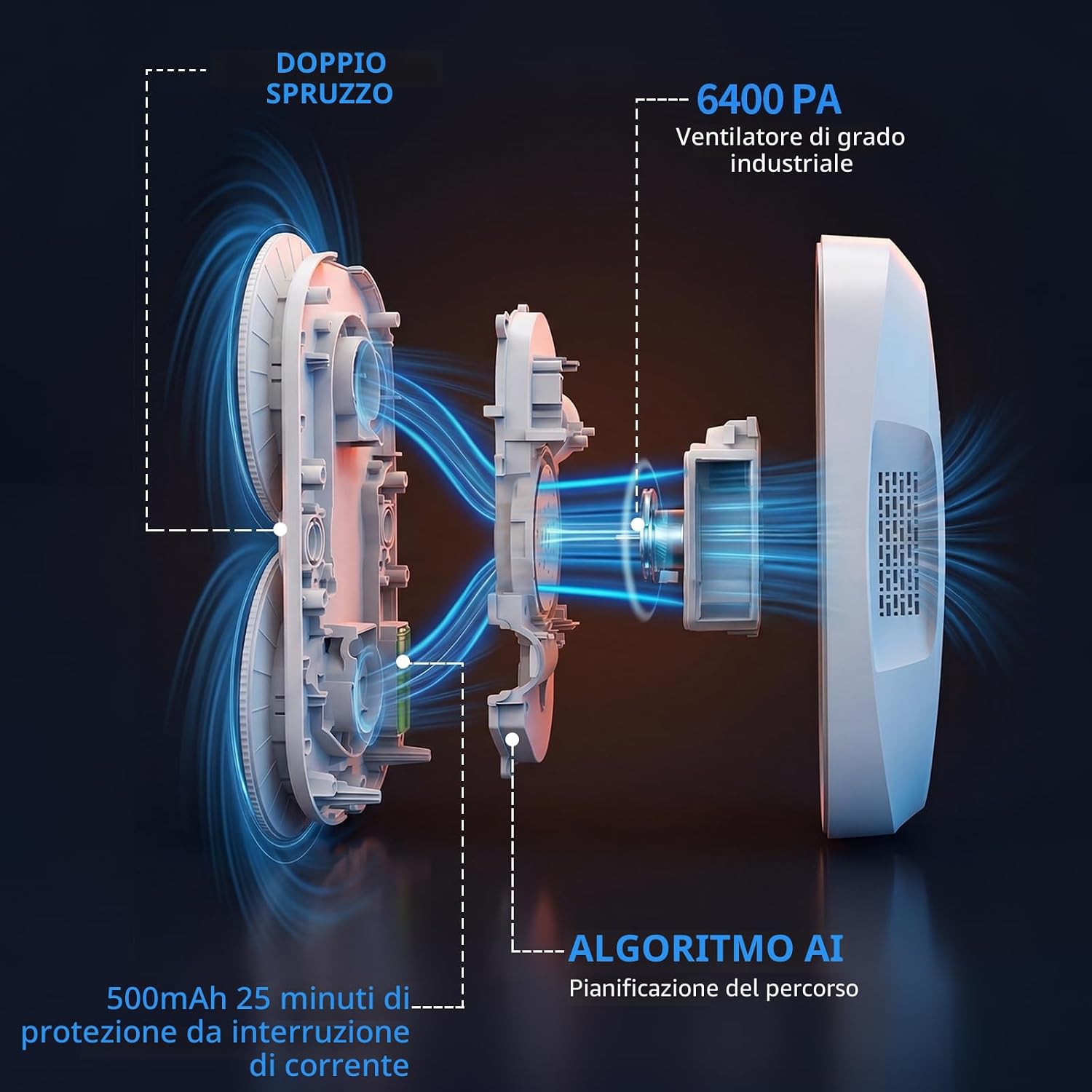 Detalle 2 de Tosima W5 Pro: robot lavavetri da 6400 Pa con doppia spruzzatura e kit 20 panni in microfibra