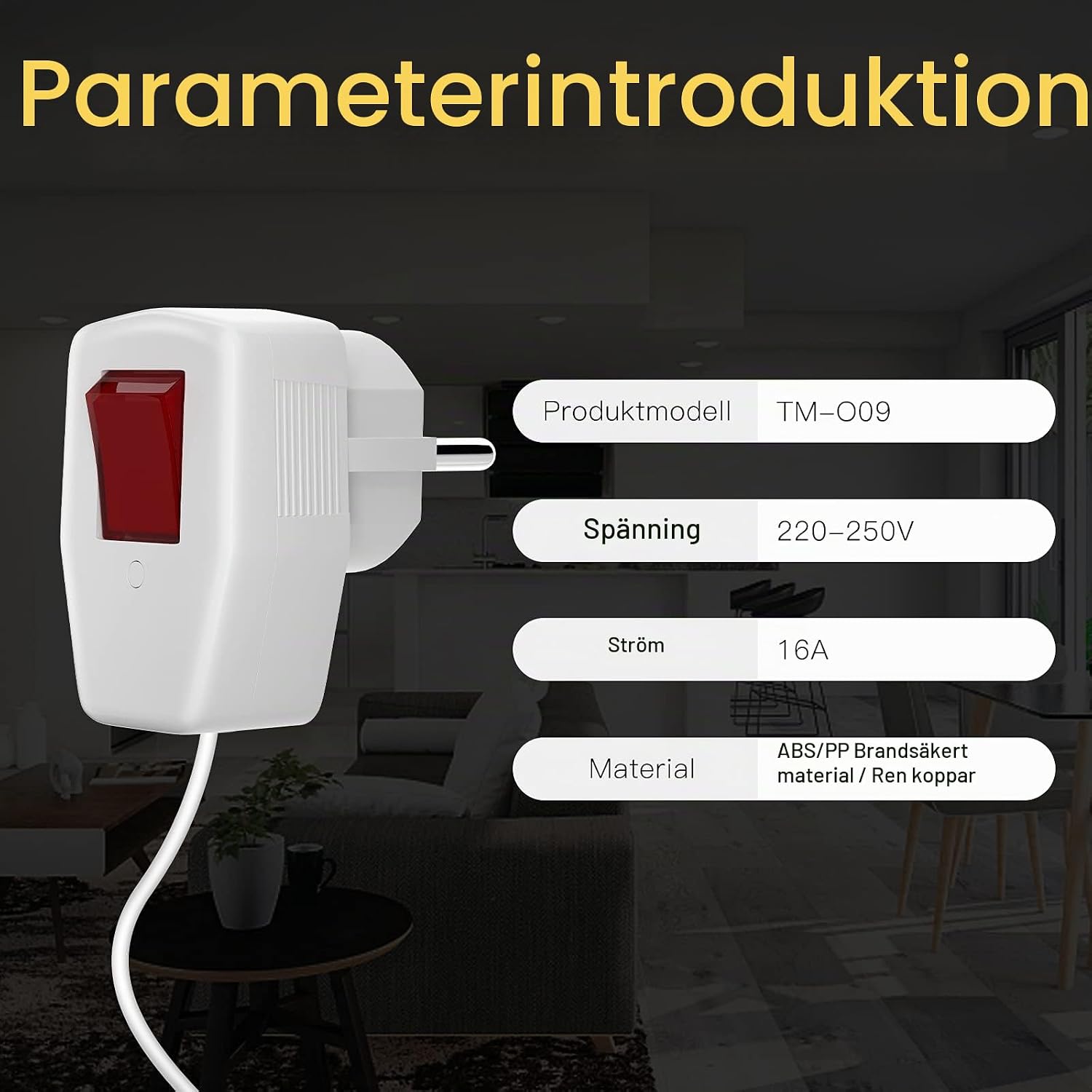 Detalle de HITRENDS Schuko-kontakt med strömbrytare, IP20, 250 V, 16 A, vit, 3-pack