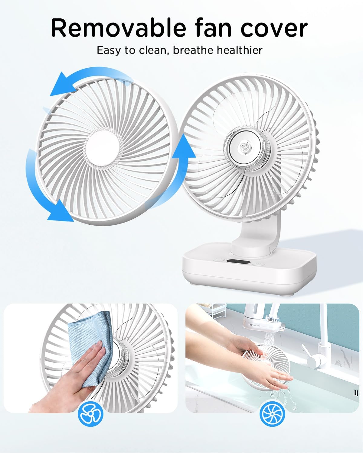 Detalle de EasyAcc Tischventilator mit 4000 mAh Akku – kabelloser USB-Ventilator, 4 Stufen, 120° Oszillation