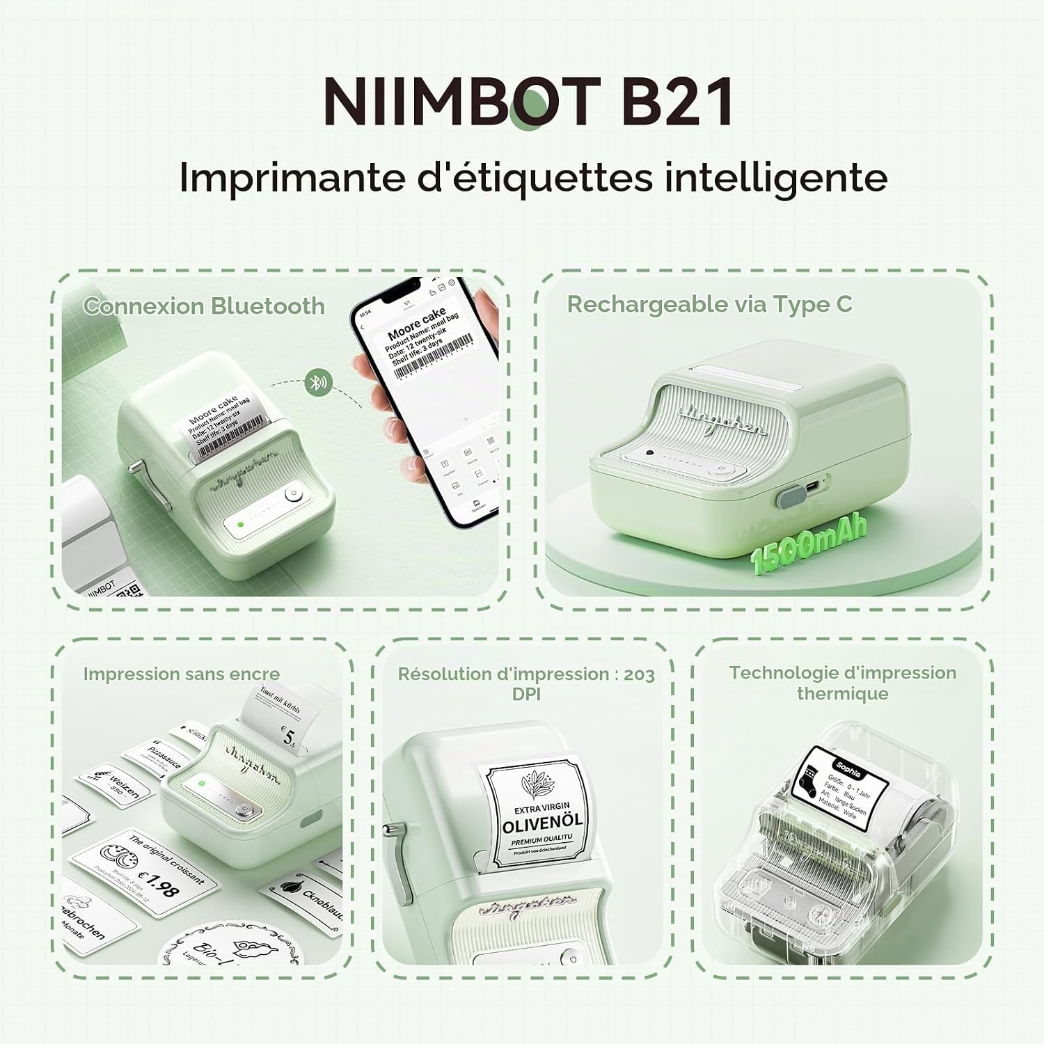 Detalle 2 de NIIMBOT B21 HK-B21-MintGreen-DE mini-labelprinter, thermisch, Bluetooth, mintgroen