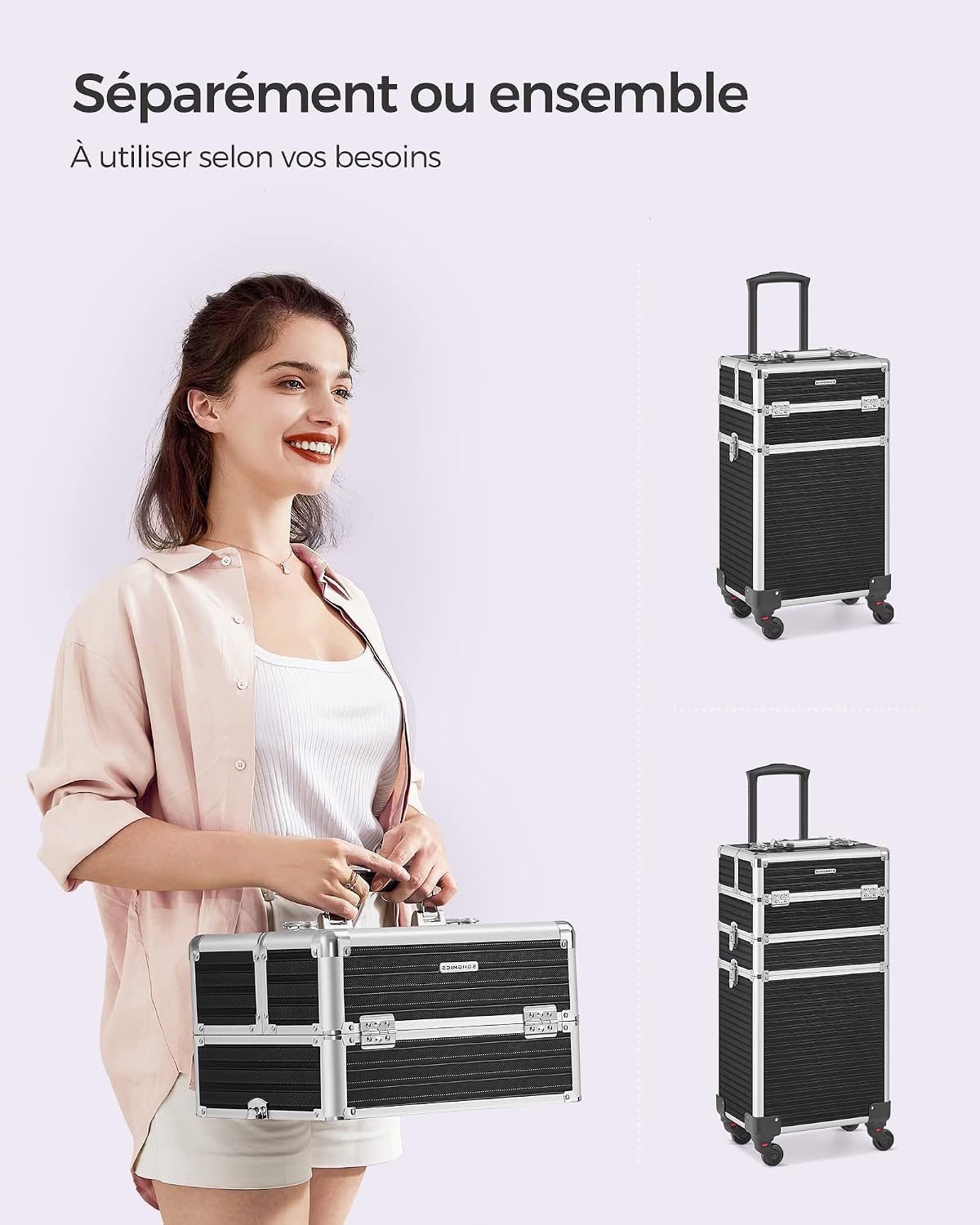 Detalle de SONGMICS Valise de Maquillage Professionnel 4-en-1 XXL (JHZ015B01) – Noir, 34 x 24 x 79,3 cm