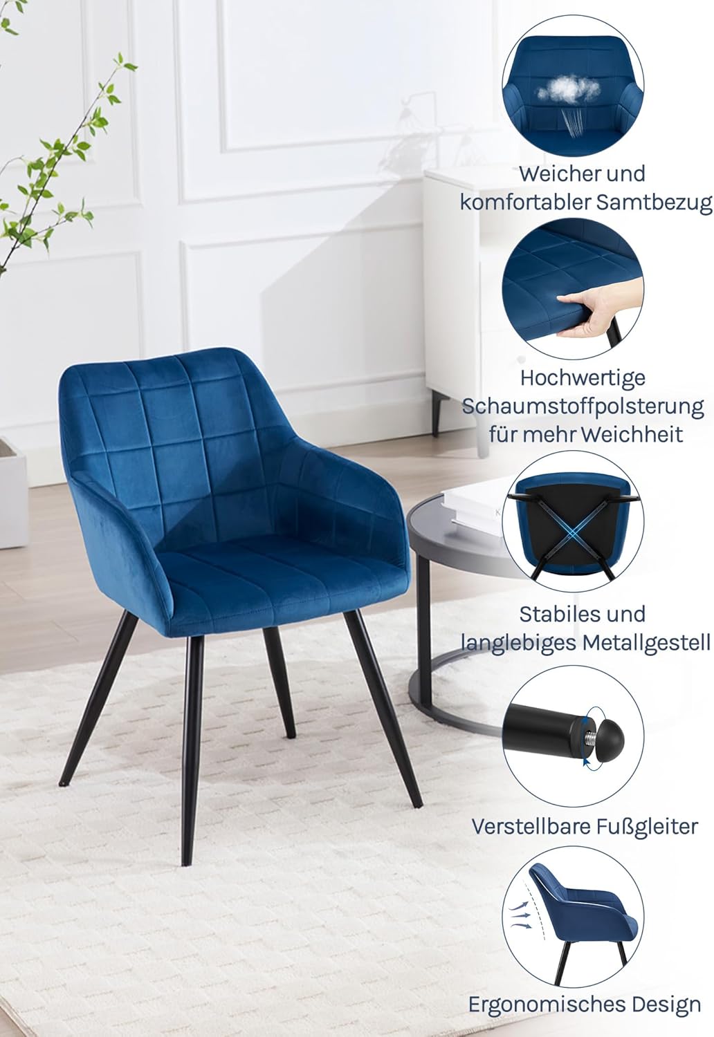 Detalle de WOLTU Esszimmerstühle 2er Set – Polsterstuhl mit Armlehnen, Blau (BH93bl-2)