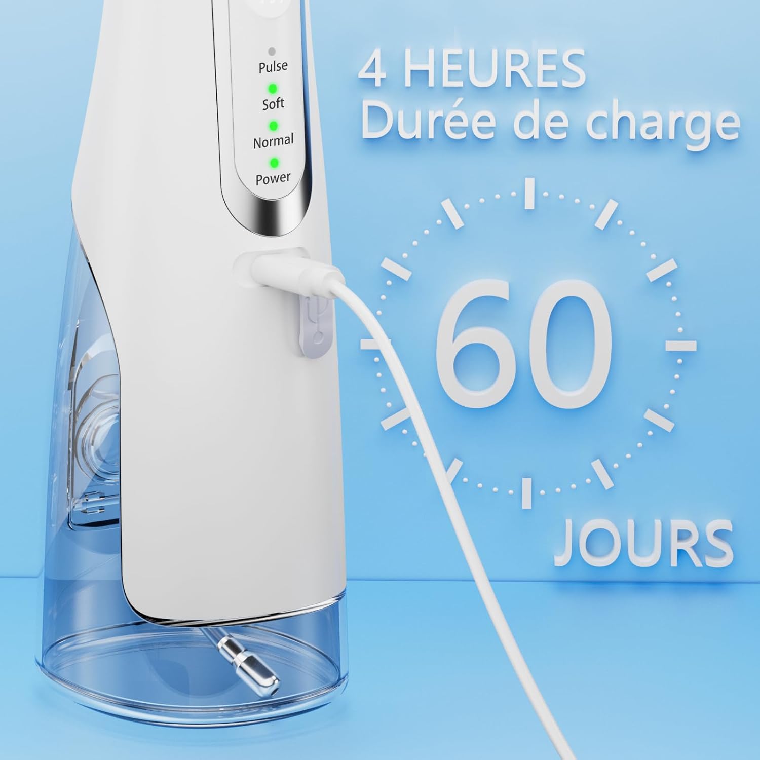 Detalle de Jet Dentaire Hydropulseur Portable Sans Fil Rechargeable – 4 modes, 310 ml, IPX7, 60 Jours d’autonomie