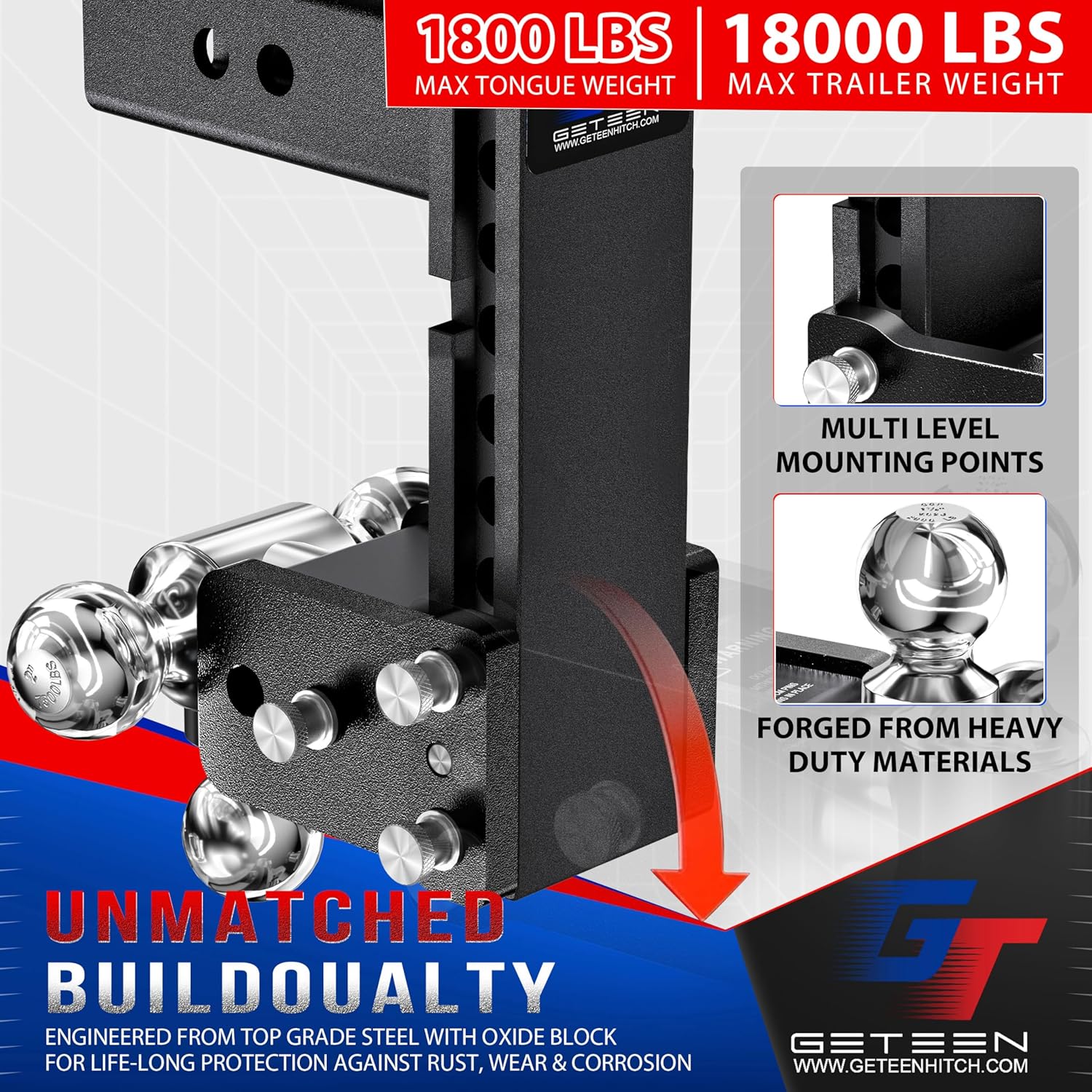 Thumbnail 1 de Geteen GT25073B Adjustable Trailer Hitch Ball Mount for 2.5" Receiver (Tri-Ball, 7" Drop, up to 15,000 GTW)